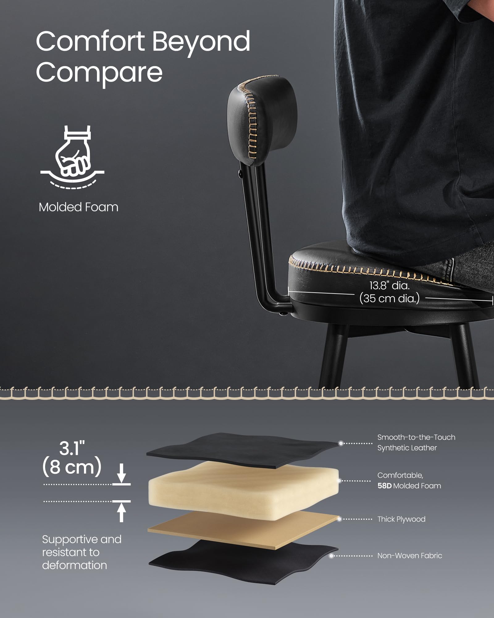 Vasagle Ekho Collection - Bar Stools Set Of 2, Counter Height Swivel Bar Stools With Back, Synthetic Leather With Stitching, Mid-Century Modern, 25.6-Inch Tall Barstools For Kitchen Bar, Ink Black