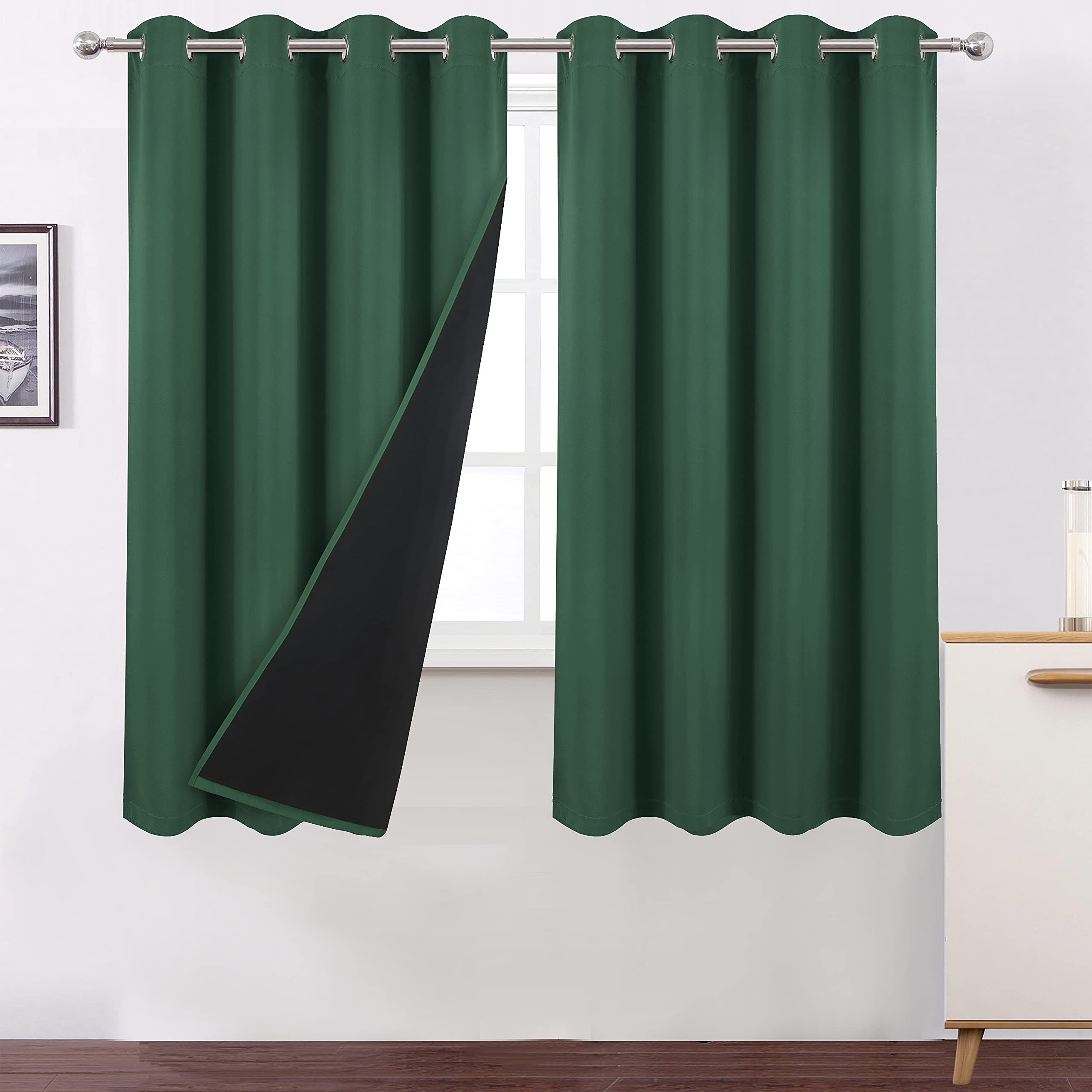 Lemomo 100% Blackout Dark Green Curtains With Black Liner/52 X 63 Inch/Set Of 2 Panels Thermal Insulated Room Darkening Curtains