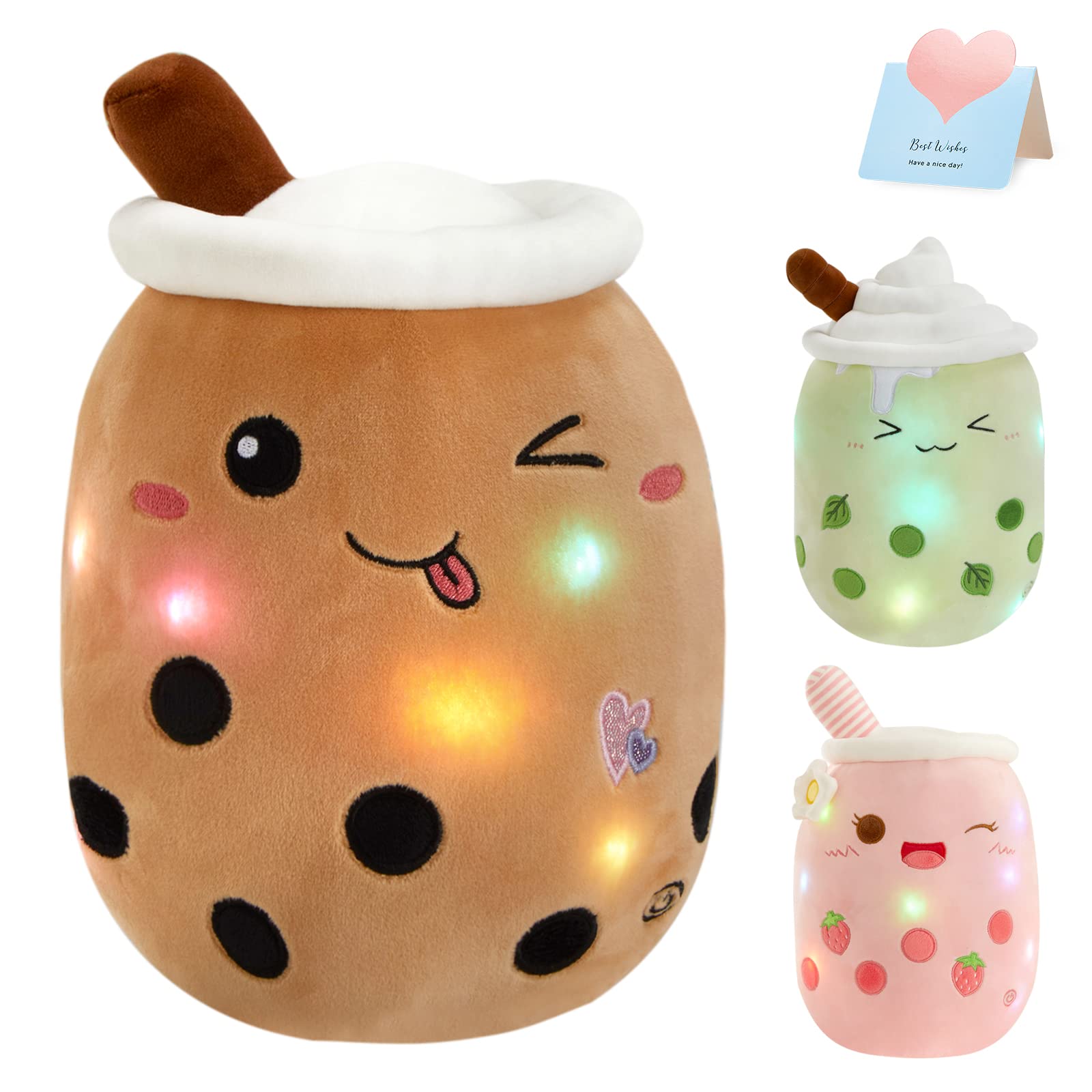 Athoinsu Light Up Chocolate Milk Tea Plush Pillow,10'Kawaii Bubble Stuffed Animal Toy with LED Lights,Birthday Christmas Holida