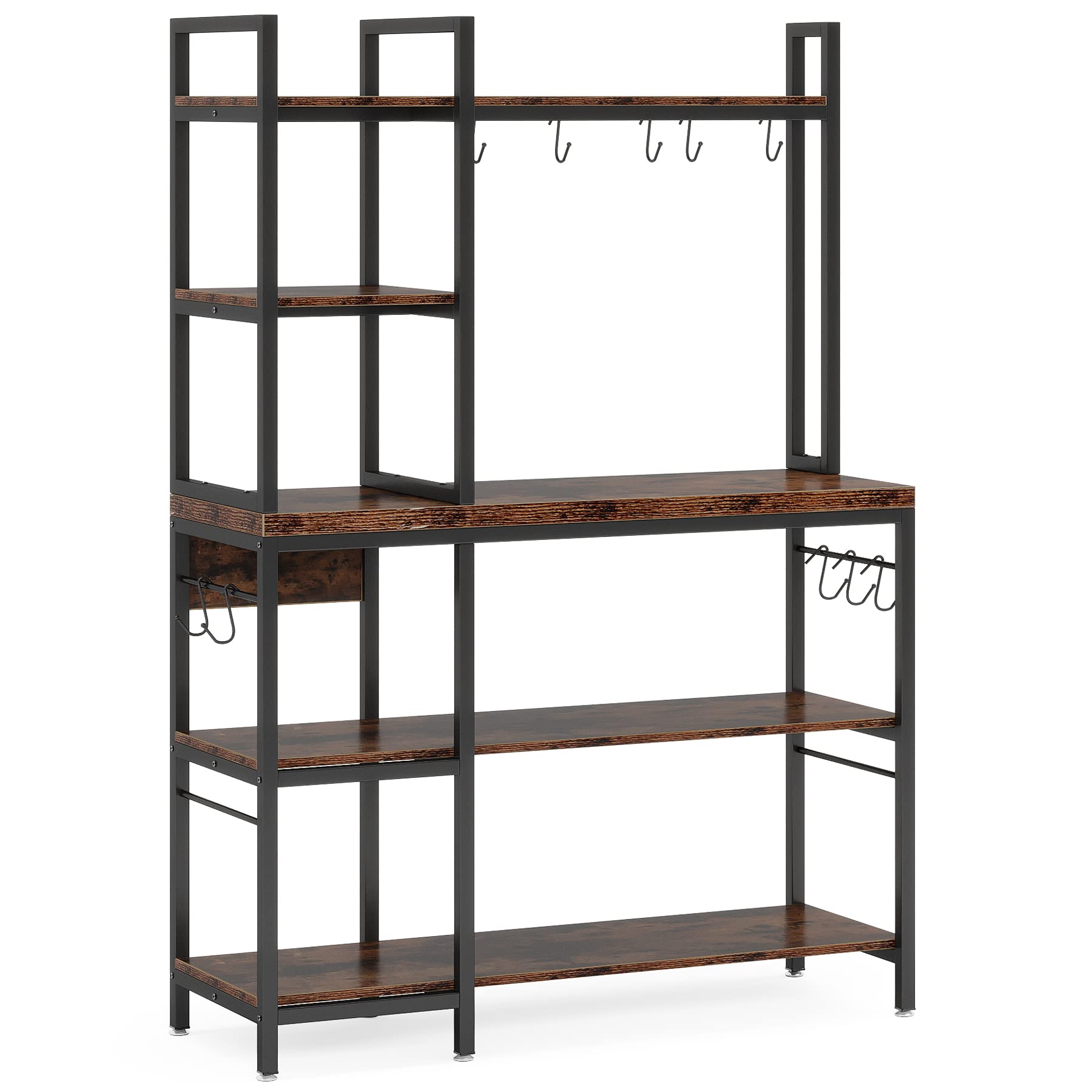 Tribesigns Bakers Rack With Storage For Kitchen 43 Inch Wide Large Racks Shelves, 5-Tier Tall Utility Shelves Organizers And 10 Hooks, Black Brown