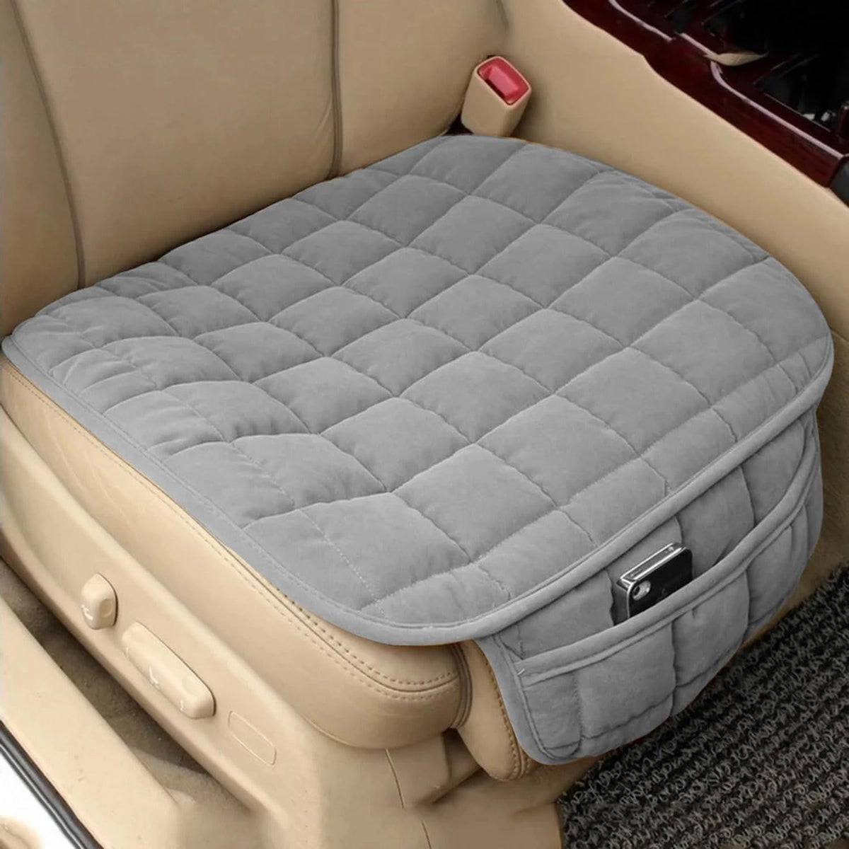 Brogbus Car Seat Cushion With Memory Foam Quilted Pad With Pocket, Grey