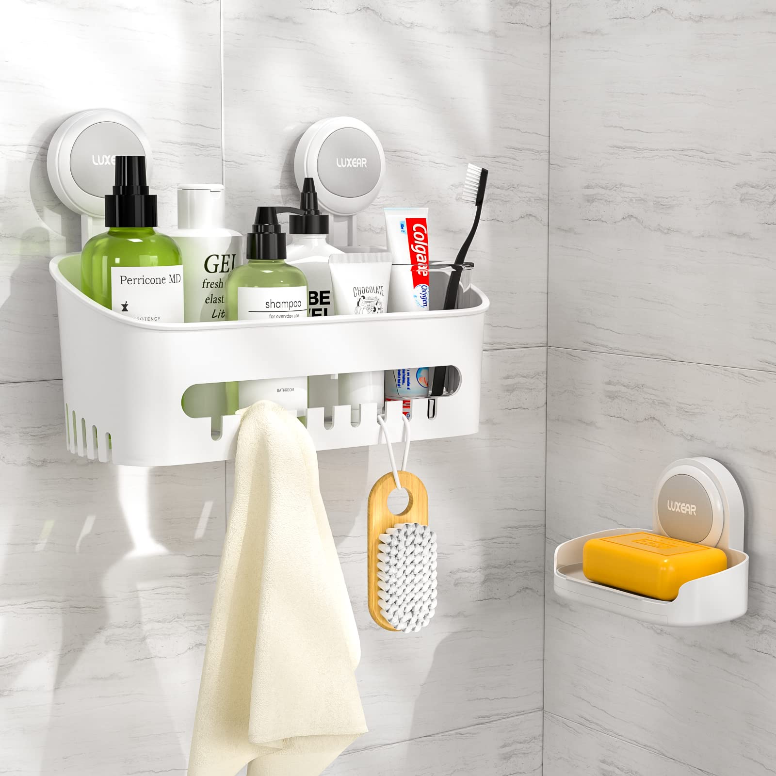 LUXEAR Shower Caddy Suction Cup 2 Pack Suction Shower Basket + Soap Dish Holder NO-Drilling Removable One Second Installation Sh