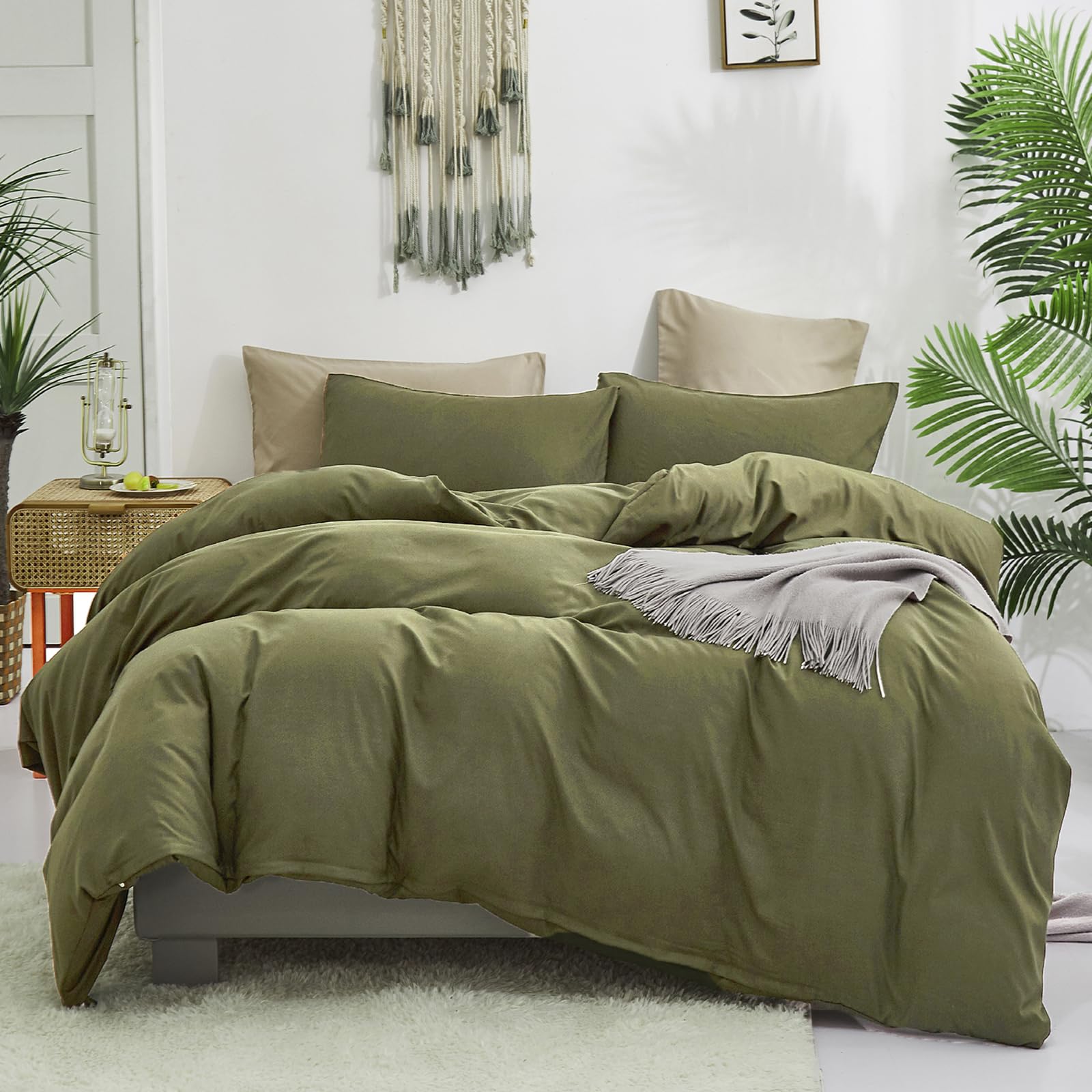 Luxlovery Olive Green Comforter Set Queen Army Green Bedding Comforter Set Cotton Green Blanket Quilts Avocado Green Breathable