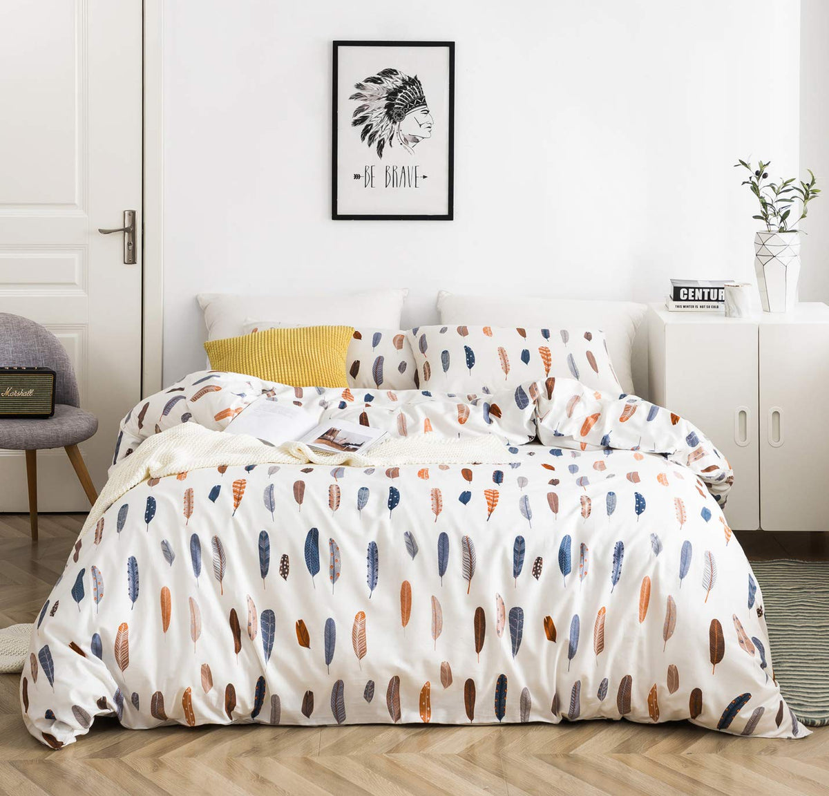 Yuheguoji Colorful Feather Duvet Cover King 100% Cotton Blue Brown Boho Duvet Cover 3 Pcs Set 1 Bird Plume Patterned Duvet Cover