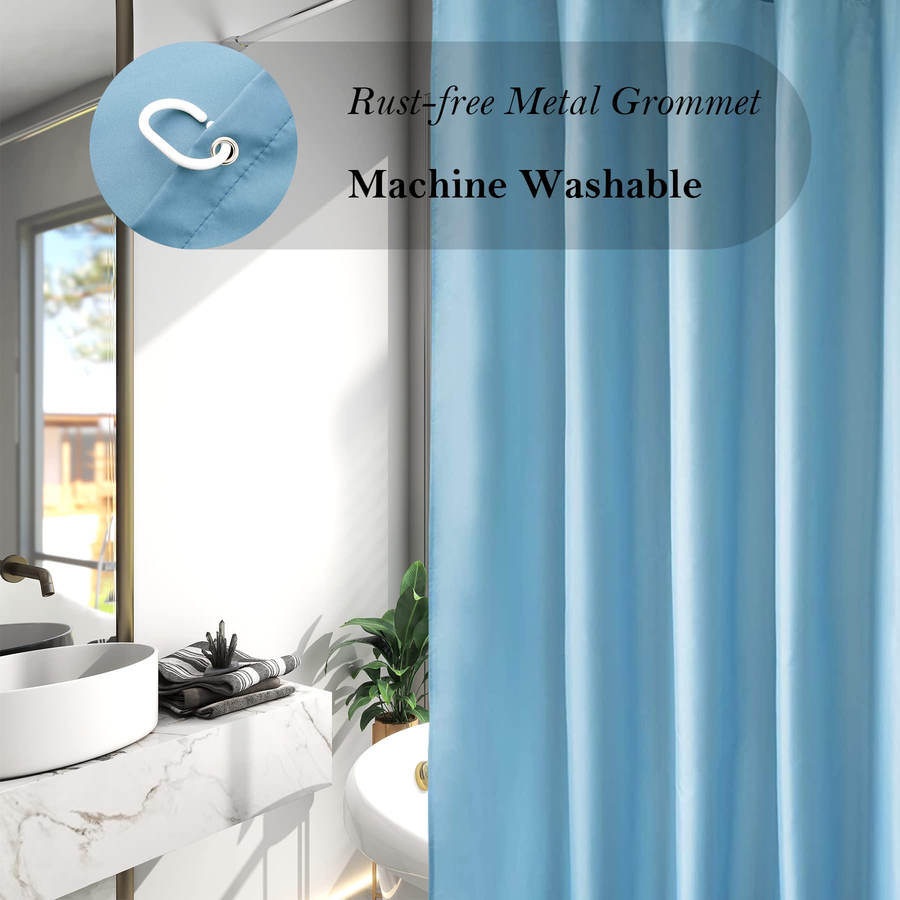 Aoohome Extra Long Shower Liner, Fabric Bathroom Curtain With Hooks For Hotel, Weigthed Hem, Waterproof, 72 X 84 Inch, Blue