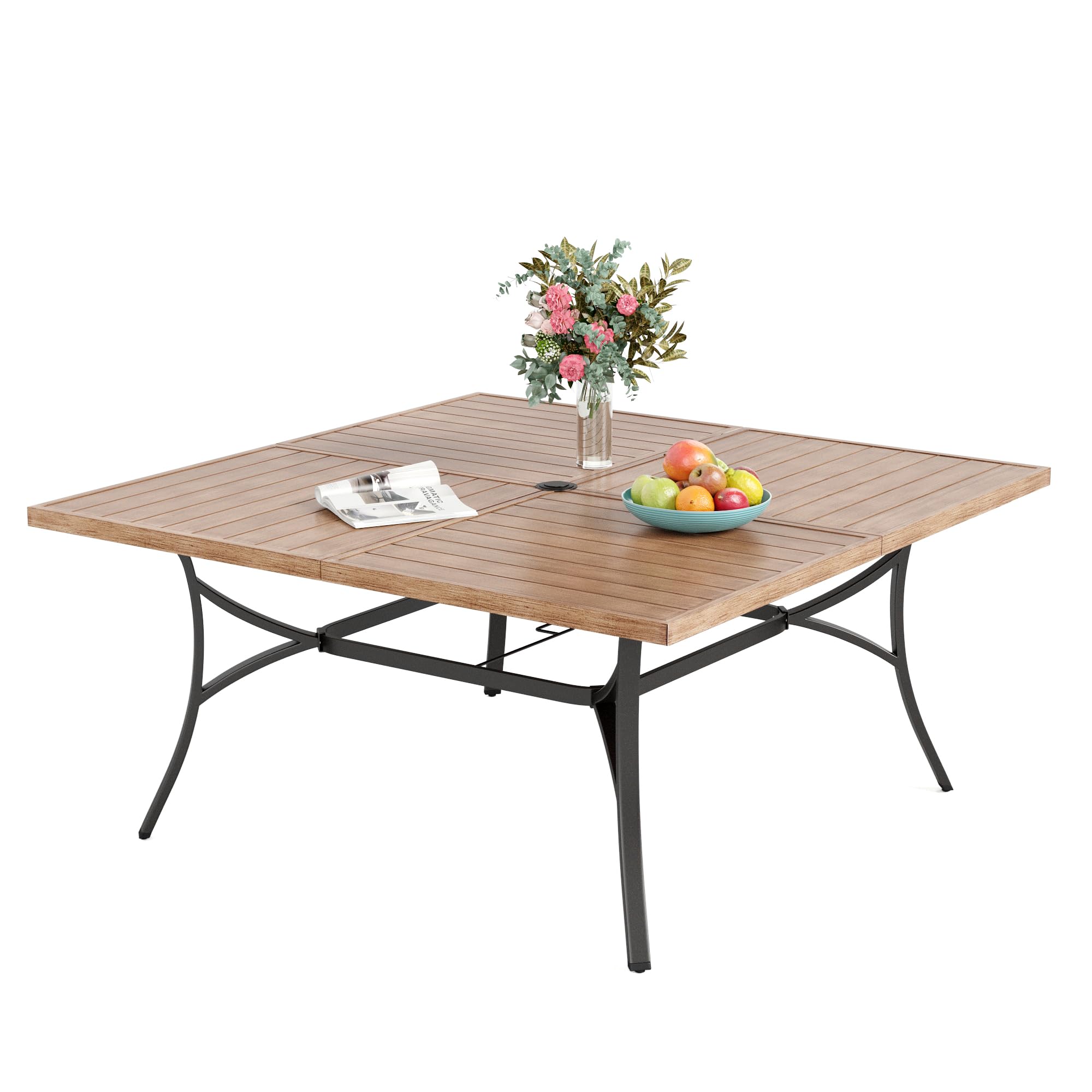 Sophia & William 60' Large Outdoor Patio Table For 8, Outdoor Square Metal Dining Table With 1.9' Adjustable Umbrella Hole, All Weather Wrought Iron Furniture Table For Garden Deck, Brown