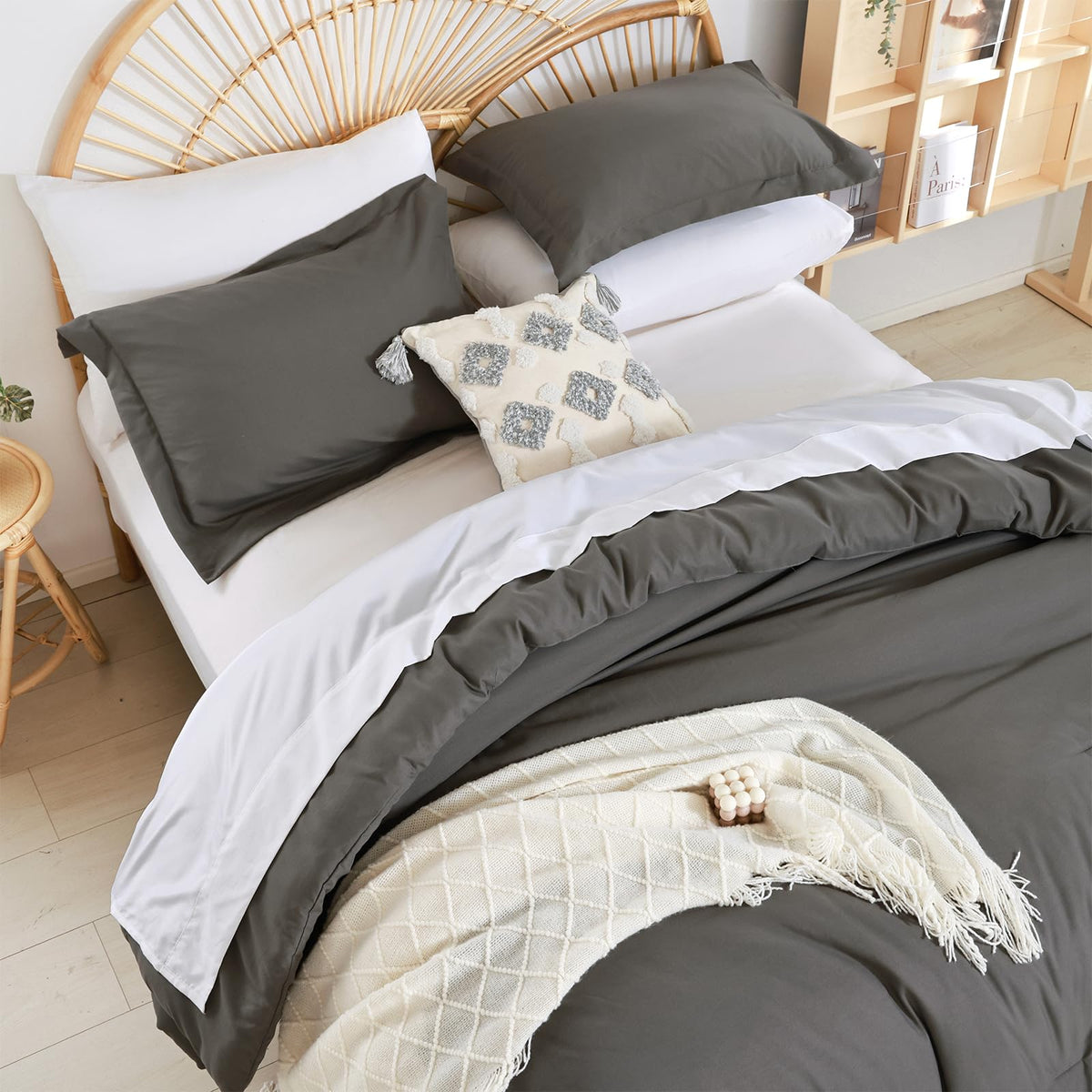 Weigelia Queen Comforter Set Boho Bed Comforter Set 7Pc Dark Grey Comforter Queen Size Soft All Season Microfiber Comforter With
