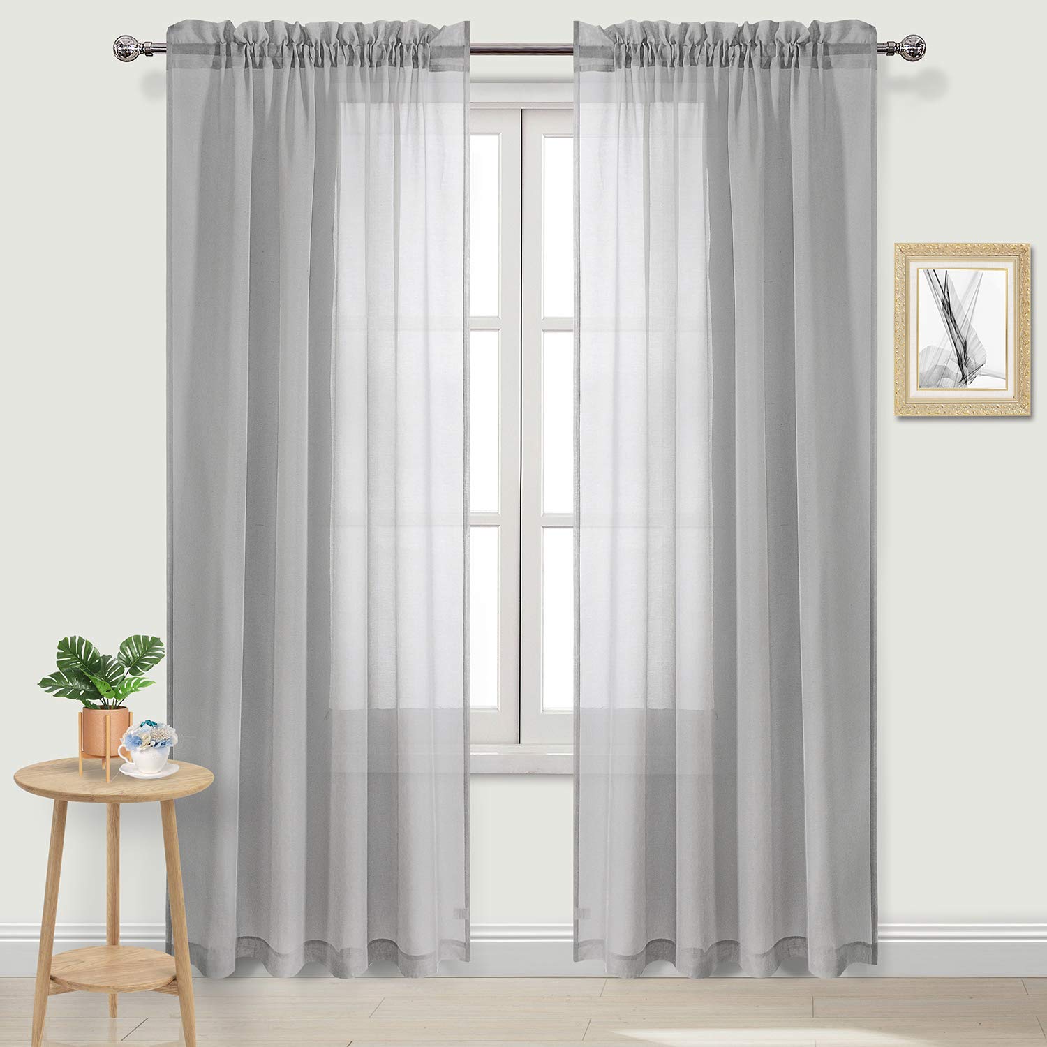 DWCN Grey Sheer Curtains Semi Transparent Voile Rod Pocket Curtains for Bedroom and Living Room, 52 x 84 inches Long, Set of 2 P