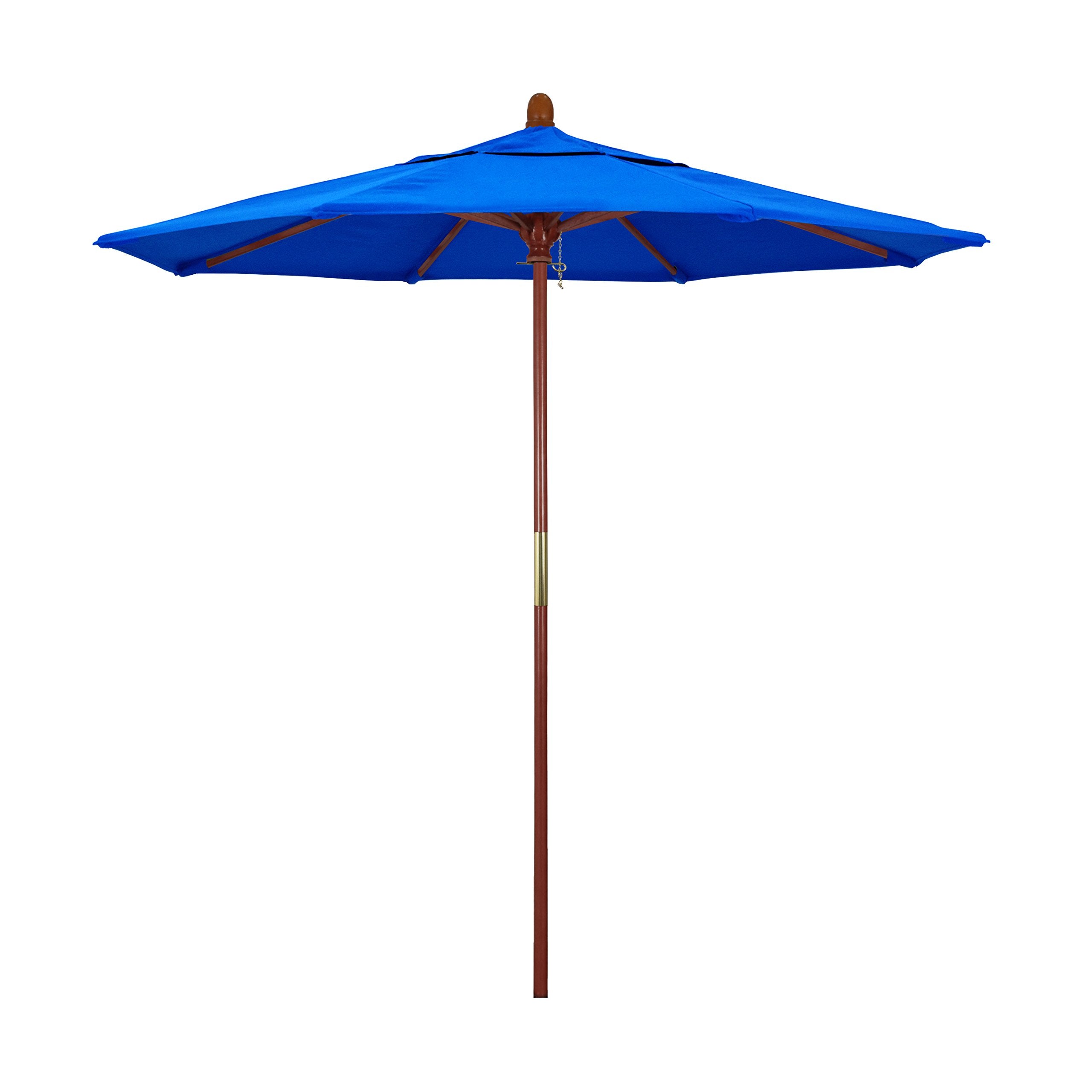 California Umbrella 7.5' Rd. Wooden Market Umbrella, Push Open Pin Stop , Sunbrella Pacific Blue