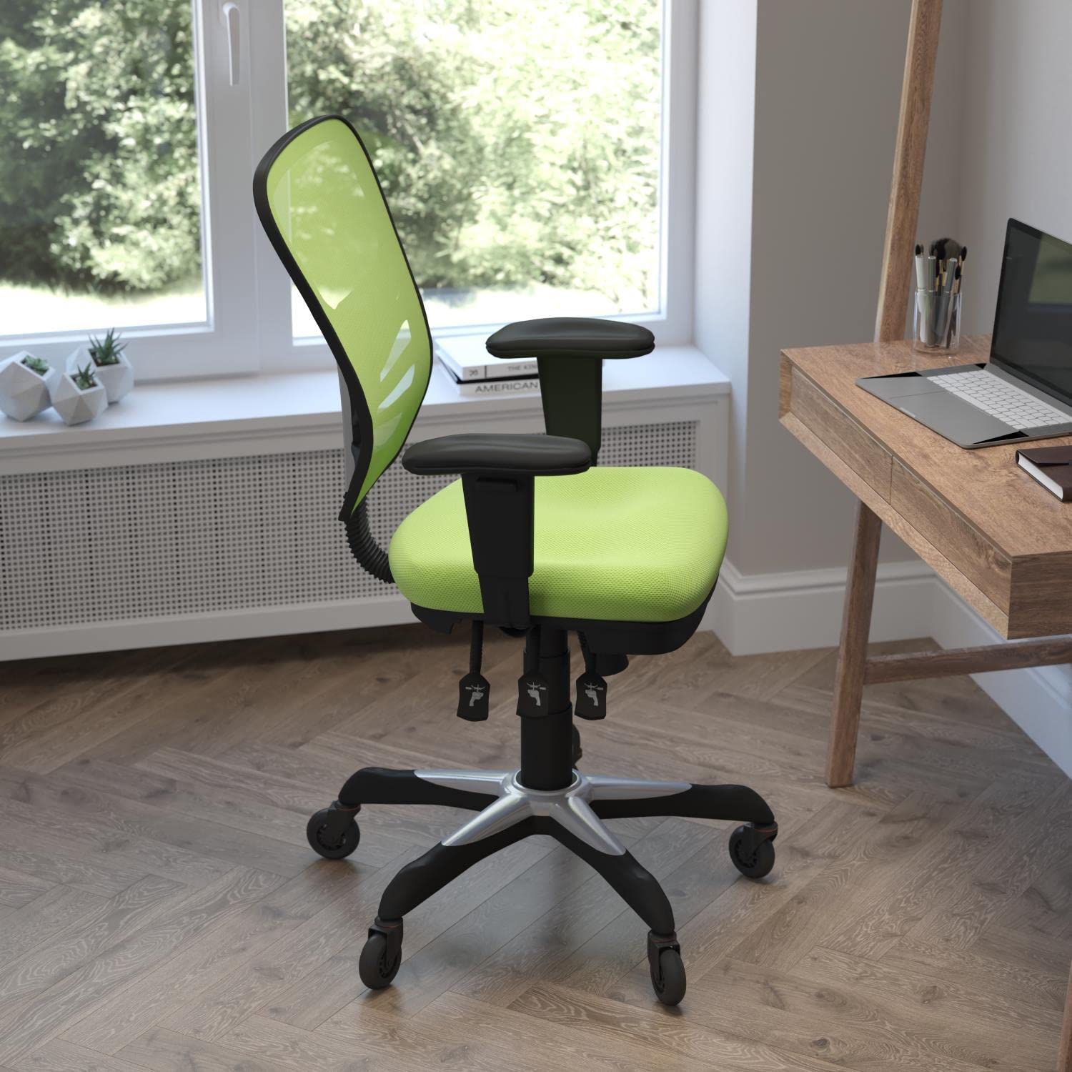Flash Furniture Nicholas Mid-Back Multifunction Executive Swivel Ergonomic Office Chair With Adjustable Arms, Transparent Roller Wheels, 27&Quot;, Green Mesh