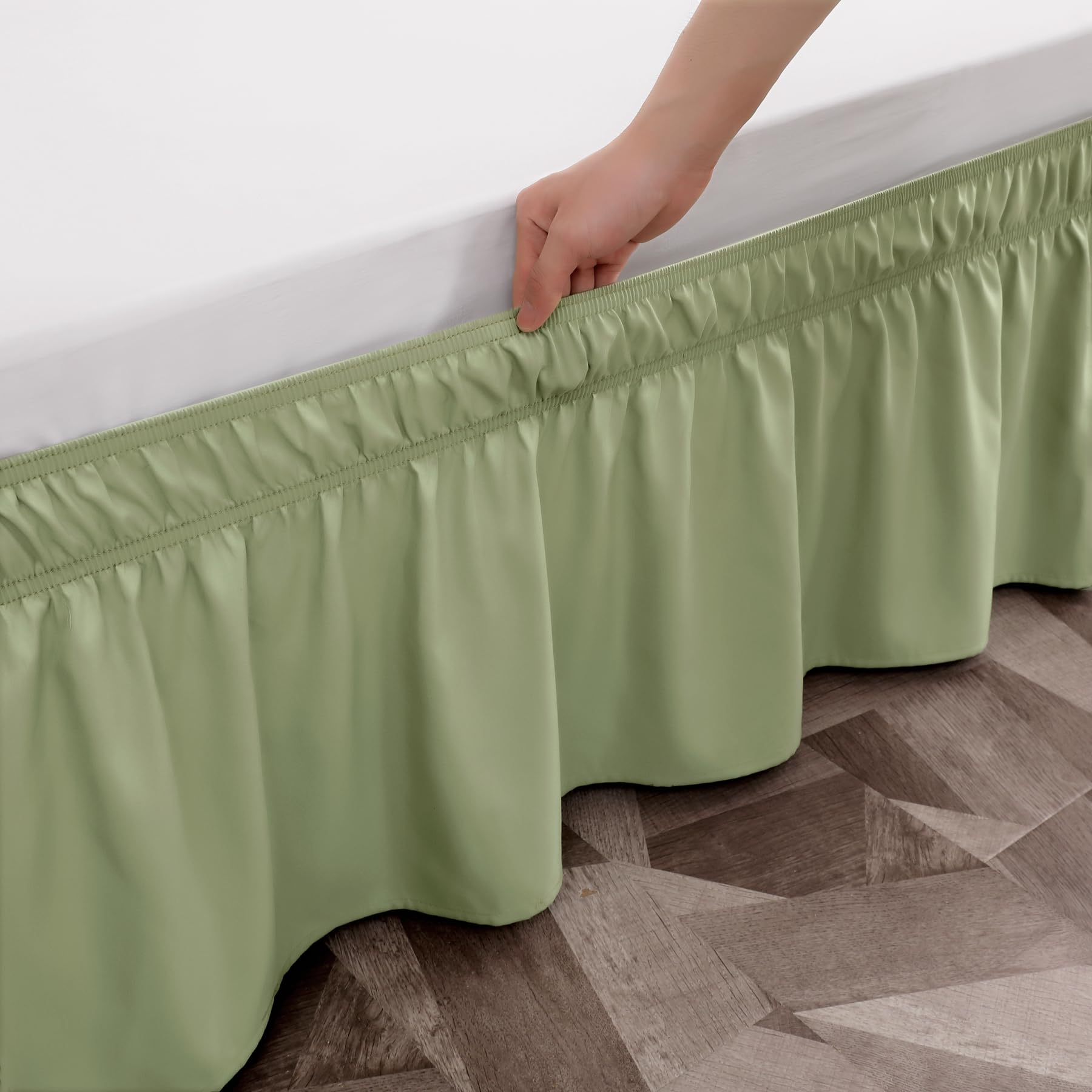 Toodou Easy To Install Wrap Around Bed Skirt Three Fabric Sides Elastic Dust Ruffled 21 Inch Tailored Drop, Fade Resistant-Sage