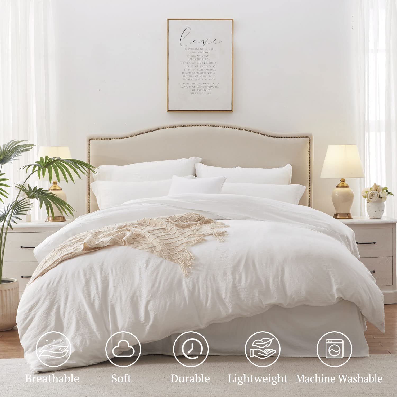 Mildly Super Soft Duvet Cover - 100% Washed Microfiber White Comforter Cover Set 3 Pieces With Zipper Closure & Corner Ties (No