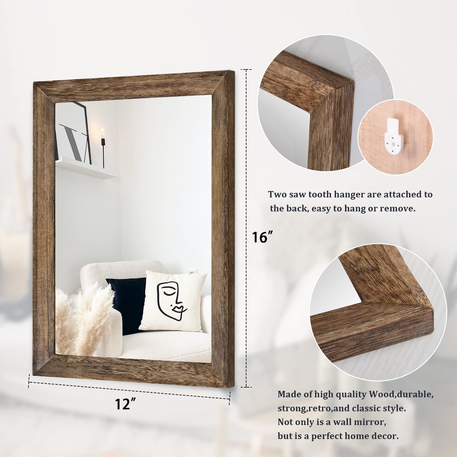 Aazzkang Rustic Wood Mirror Rectangle Decorative Wall Mirror With Frame Bedroom Living Room Bathroom Hanging Mirror Brown