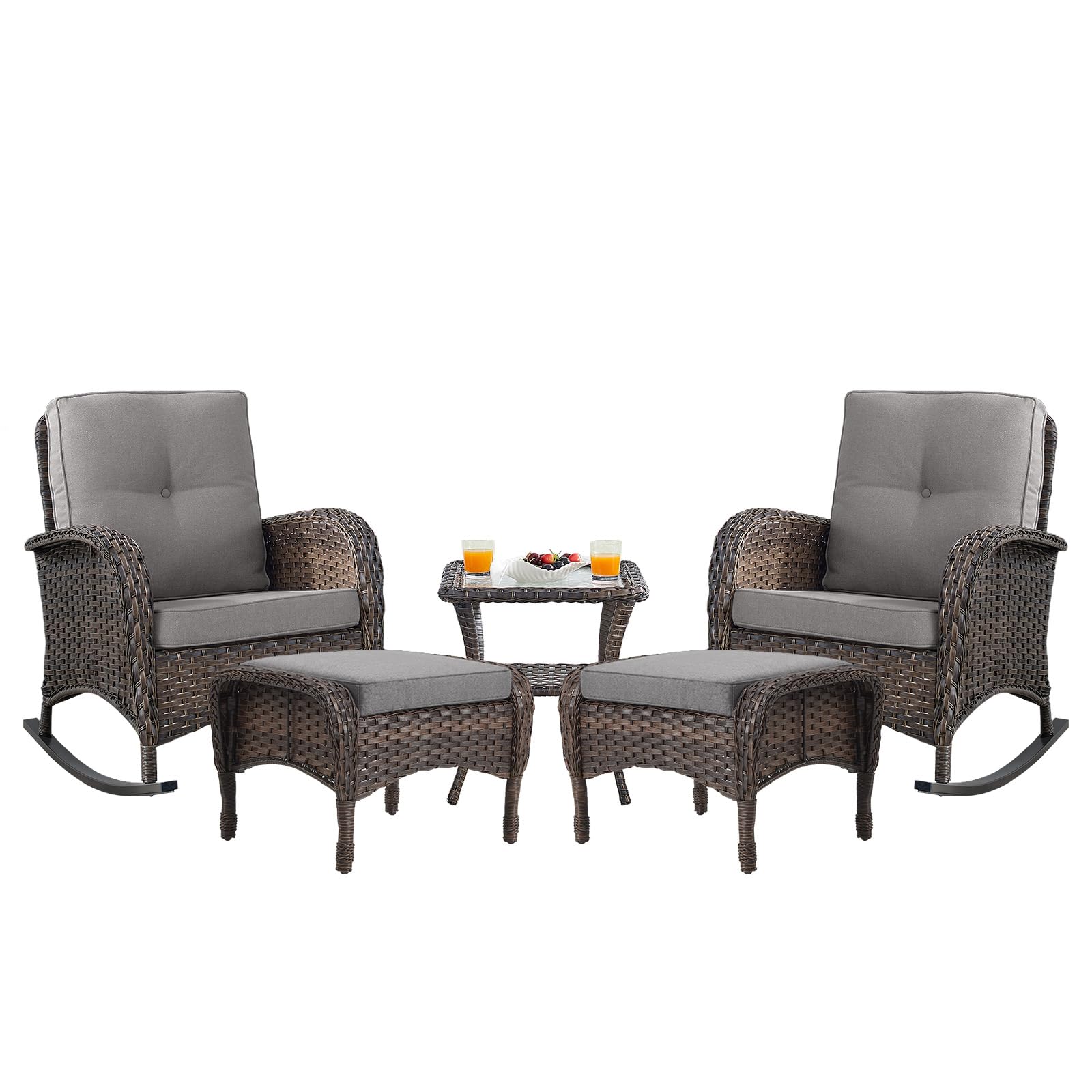 Belord Patio Rocking Chairs Furniture Set - 5 Piece Outdoor Wicker Furniture Sets With Ottomans, Small Patio Conversation Sets With Wicker Rocking Chairs Brown/Grey