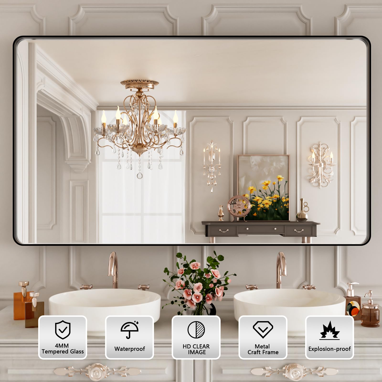 Istripmf Bathroom Mirror Black,50X30 Inch Large Matte Black Bathroom Vanity Mirror,Rectangle Black Metal Framed Mirror For Wall,