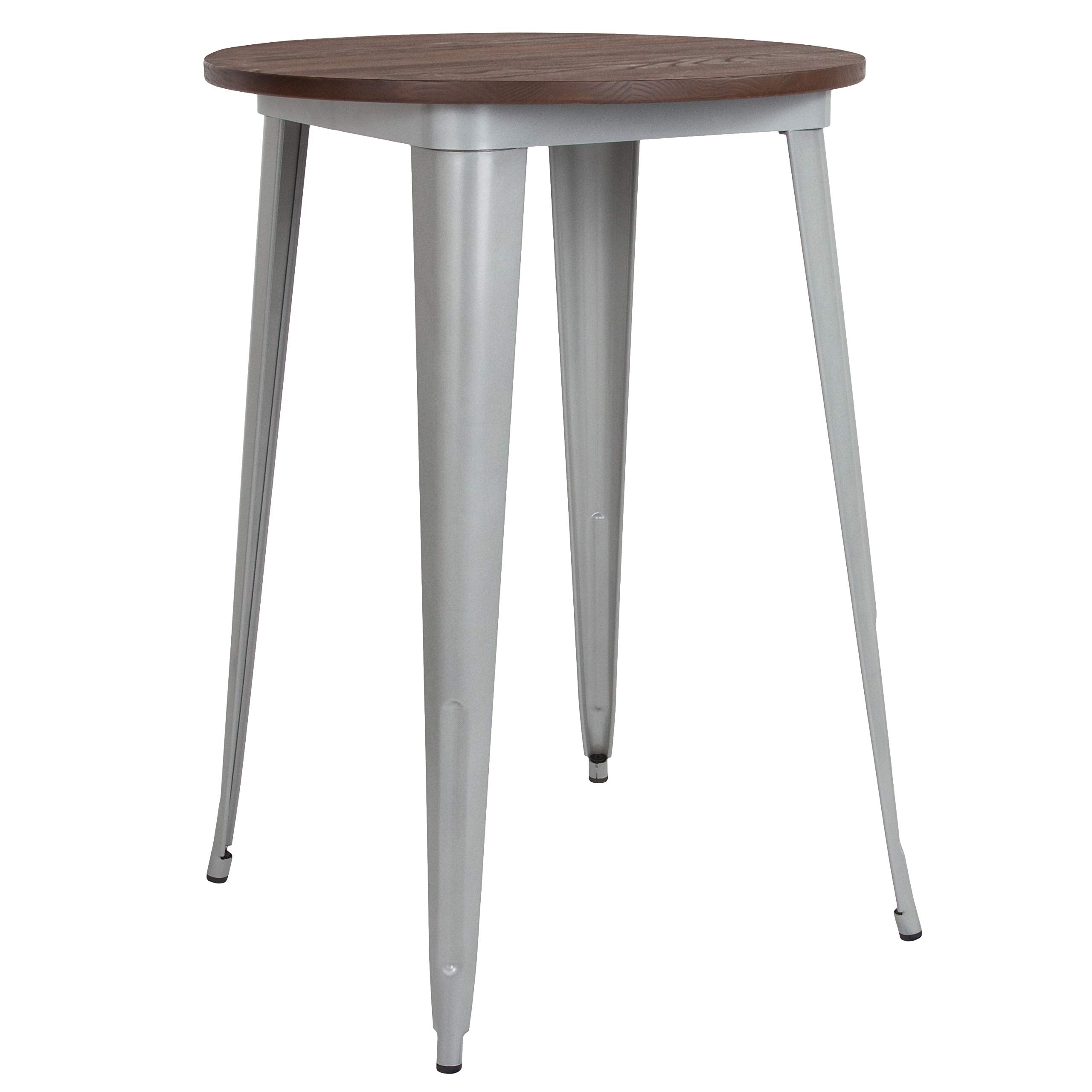 Flash Furniture Philip 30' Round Silver Metal Indoor Bar Height Table With Walnut Rustic Wood Top