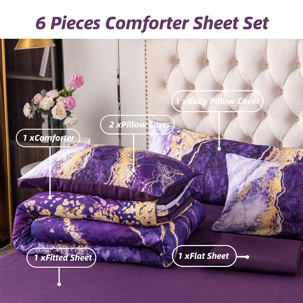 Perfemet Watercolor Marble Pattern Comforter Sets Purple Tie Dye Bedding Set King Size 3D Printing Bed-In-A-Bag, Stylish Retro A