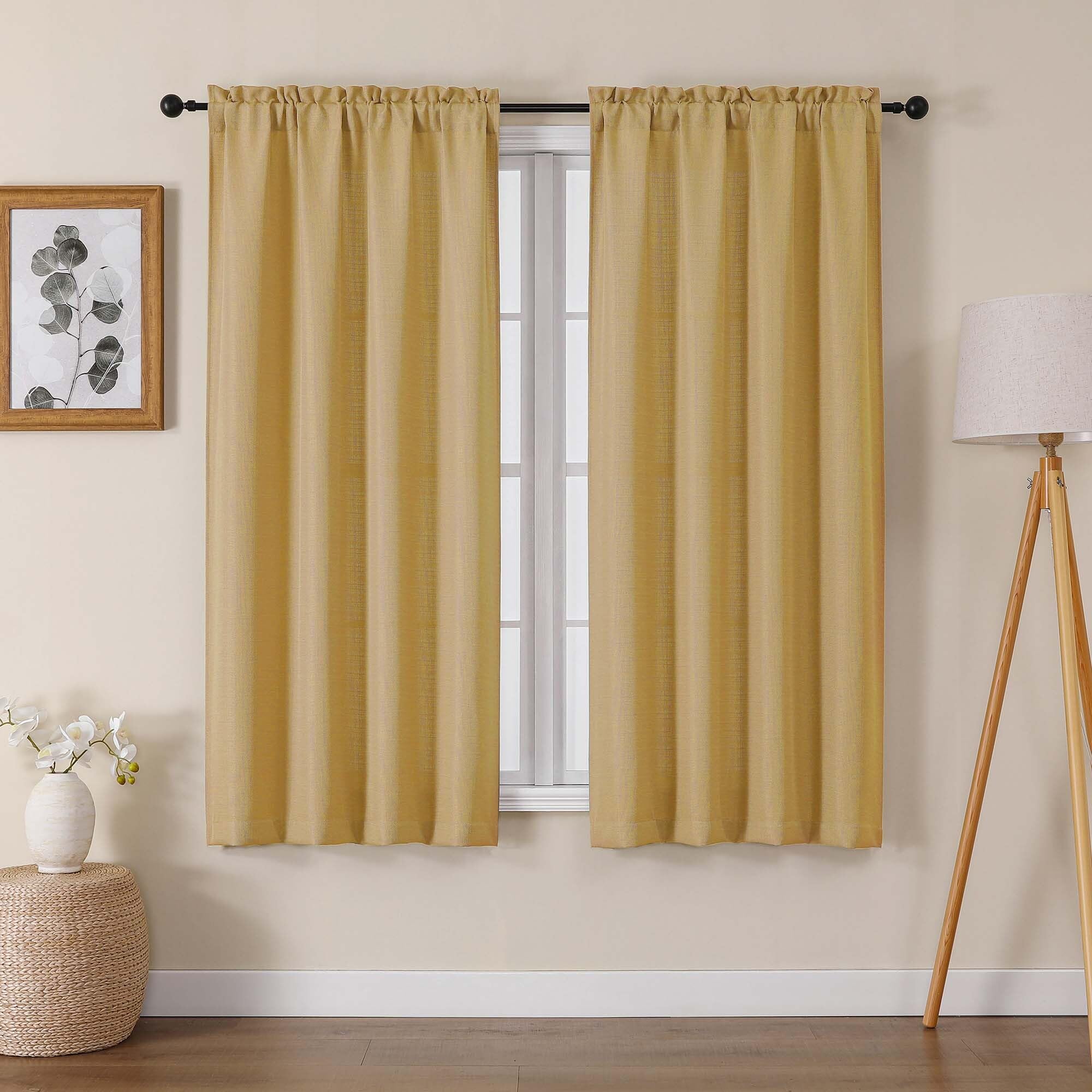 Lecloud Bessie Gold Curtains 63 Inch Length 2 Panels, Light Filtering Curtains for Bedroom, Faux Linen Textured Rod Pocket Curta