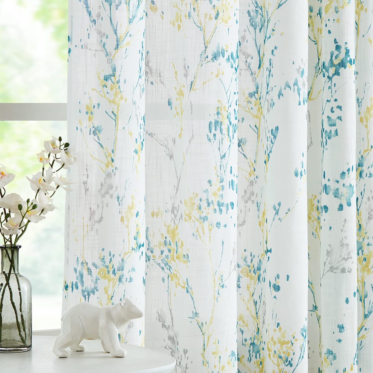 Treatmentex Branch Semi Sheer Curtains For Living Room Yellow White Print Curtains For Bedroom 95 Inch Length Teal And Grey Wate