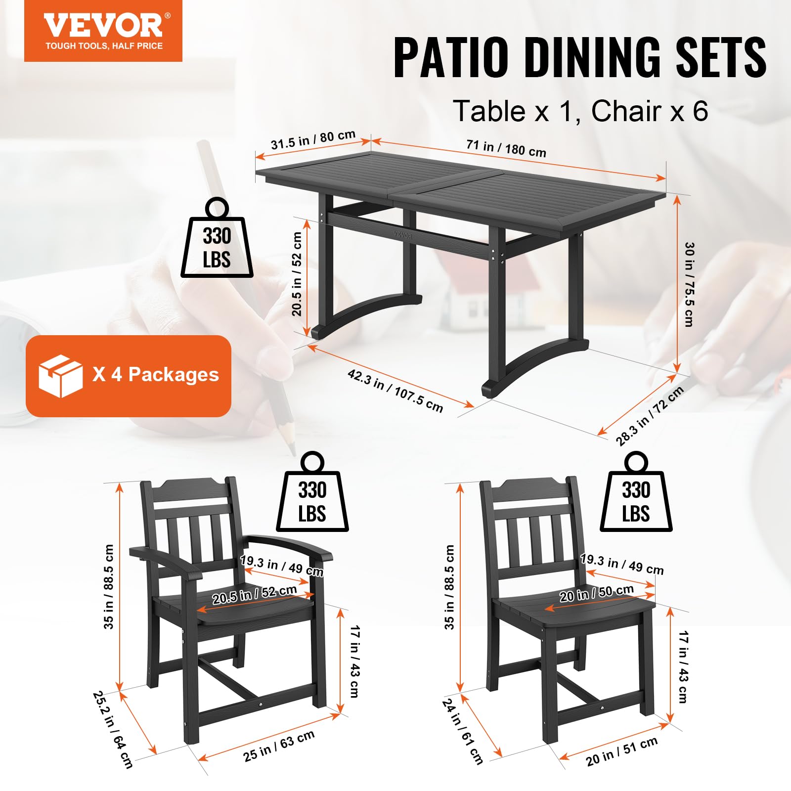 VEVOR 7 Pieces Patio Dining Set, Outdoor Rectangle Furniture Table and Chairs Set, All Weather Garden Furniture Table Sets, Hips Patio Conversation Set, for Lawn, Deck, Backyard, Poolside, Black