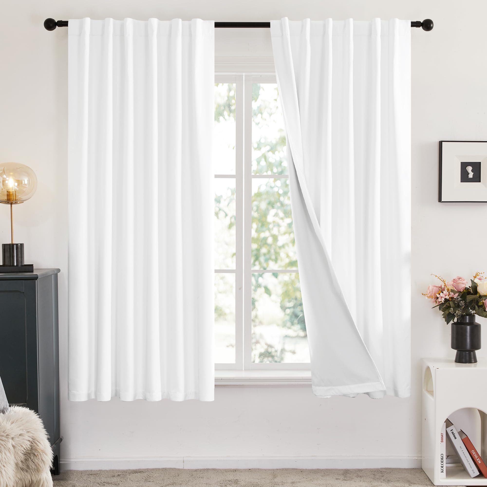 Deconovo Blackout Curtains – Room Darkening, Noise-Reducing, Thermal Insulated – Energy-Efficient Window Treatment For Bedroom, Living Room & Home Office – 2 Panels, White, 52W X 63L Inch