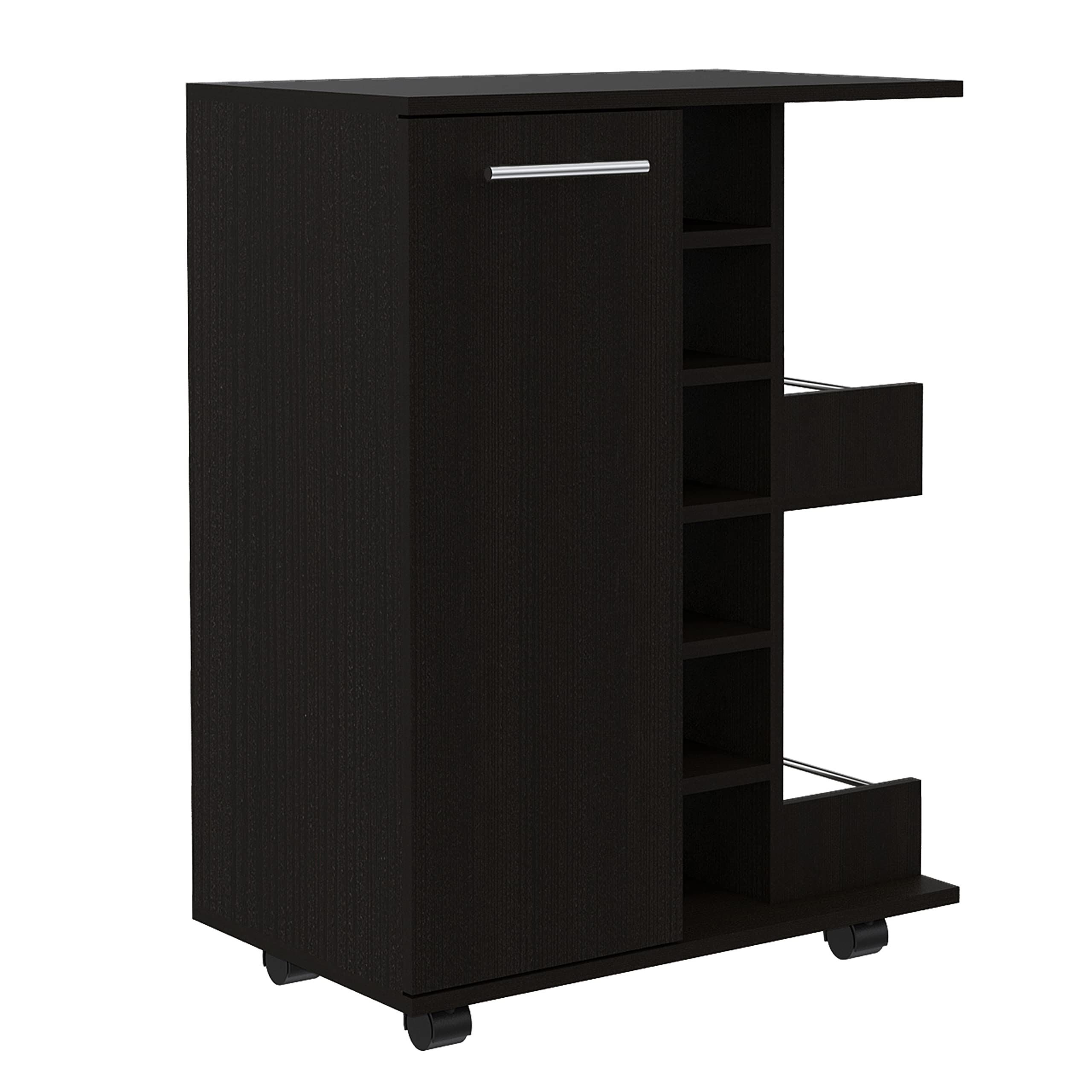 Depot E-Shop Magda Bar Cart with Four Casters, Six Built-in Wine Rack, Single Door Cabinet, and Two External Shelves, Black, Living Room