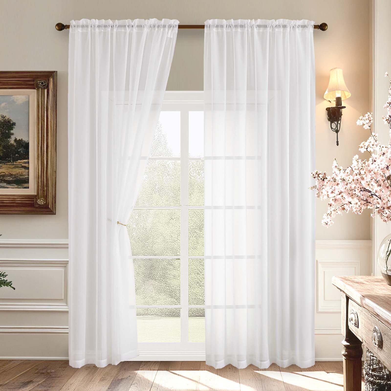 Aiyufeng 2 Pack: Basic White Sheer Curtain Drapes for Living Room 84 Inch Length 2 Panels, Light Filtering Voile Drapes for Bedr