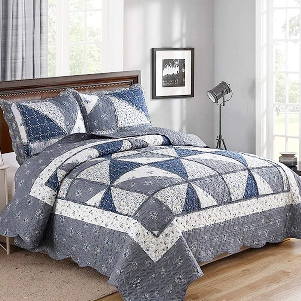 Patchwork Quilt Set King Size Quilted Bedspread Coverlet Set 3-Piece Grey Lightweight Comforter Floral Reversible Stitched Quilt