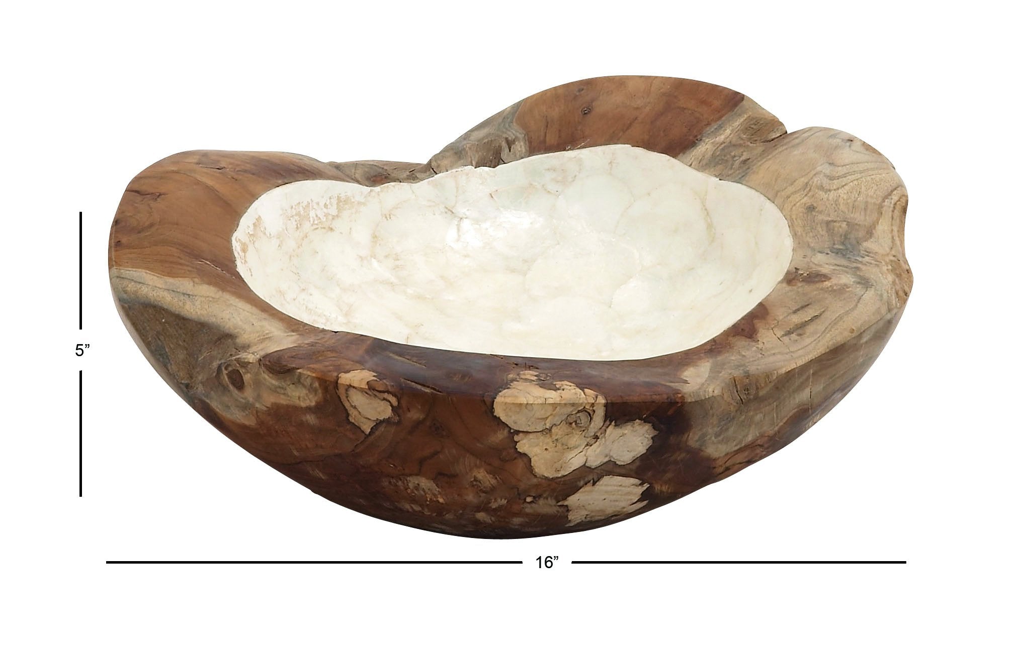 Deco 79 Teak Wood Handmade Live Edge Free Form Decorative Bowl With Capiz Interior, 5'' X 16'' X 16'', Tan Brown, Conveniently S