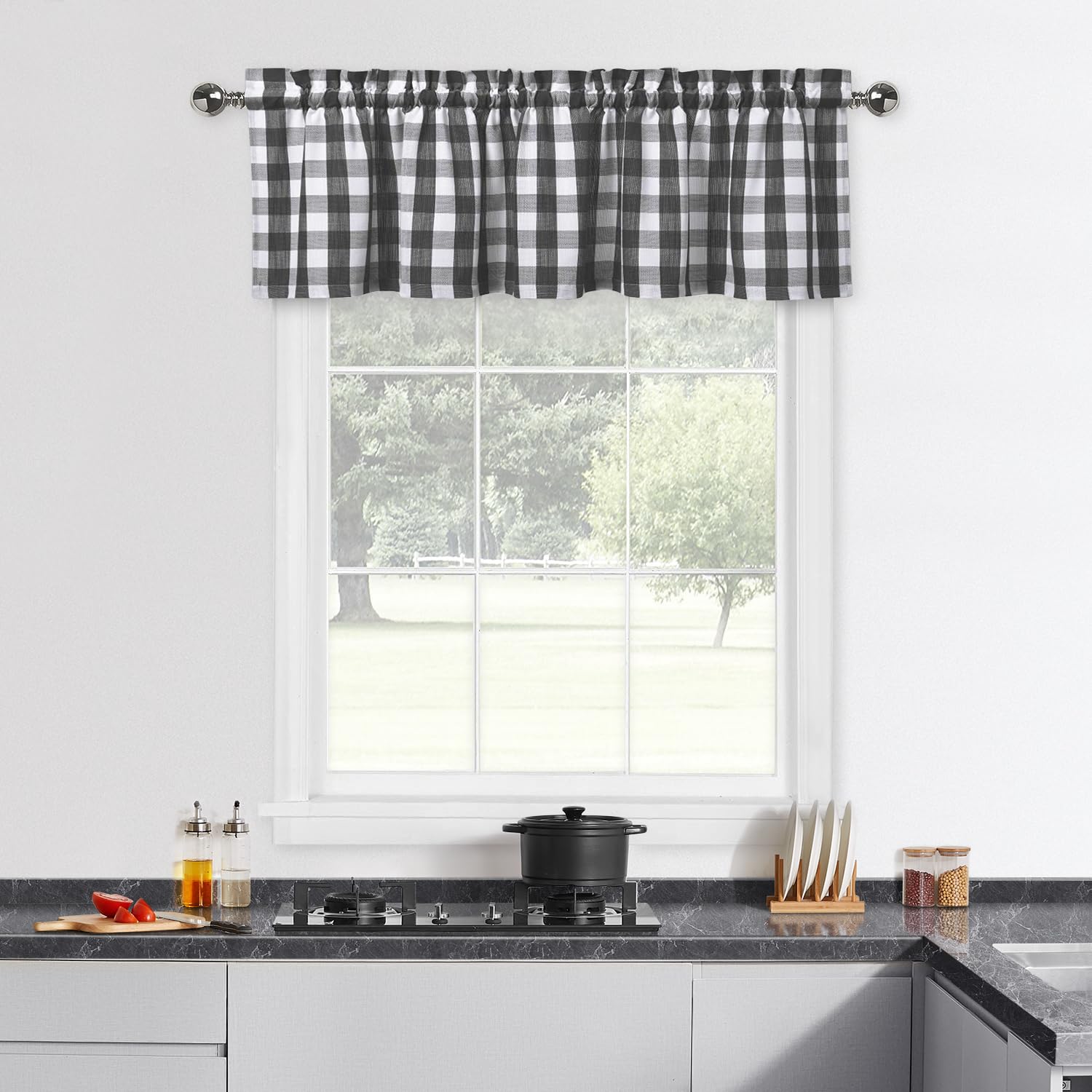 Black And White Buffalo Plaid Checkerd Caf   Valances Curains For Kitchen, Gingham Thick Rod Pocket Farmhouse Window Treatment V