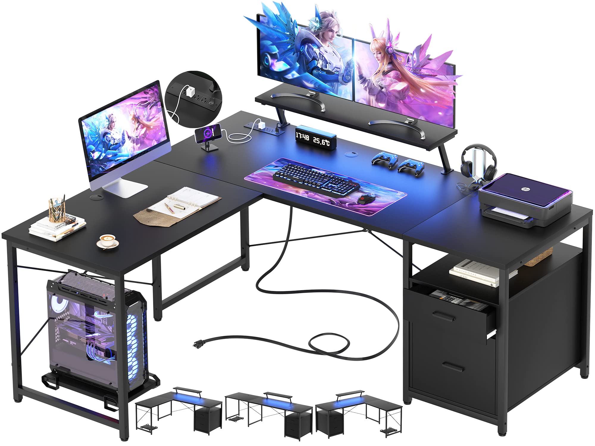 Unikito L-Shaped Desk With Power Outlet And Led Strip, L Shaped Computer Corner Desk With Reversible File Drawer And Monitor Stand, Gaming Table Writing Desk For Home Office Workstation, Black