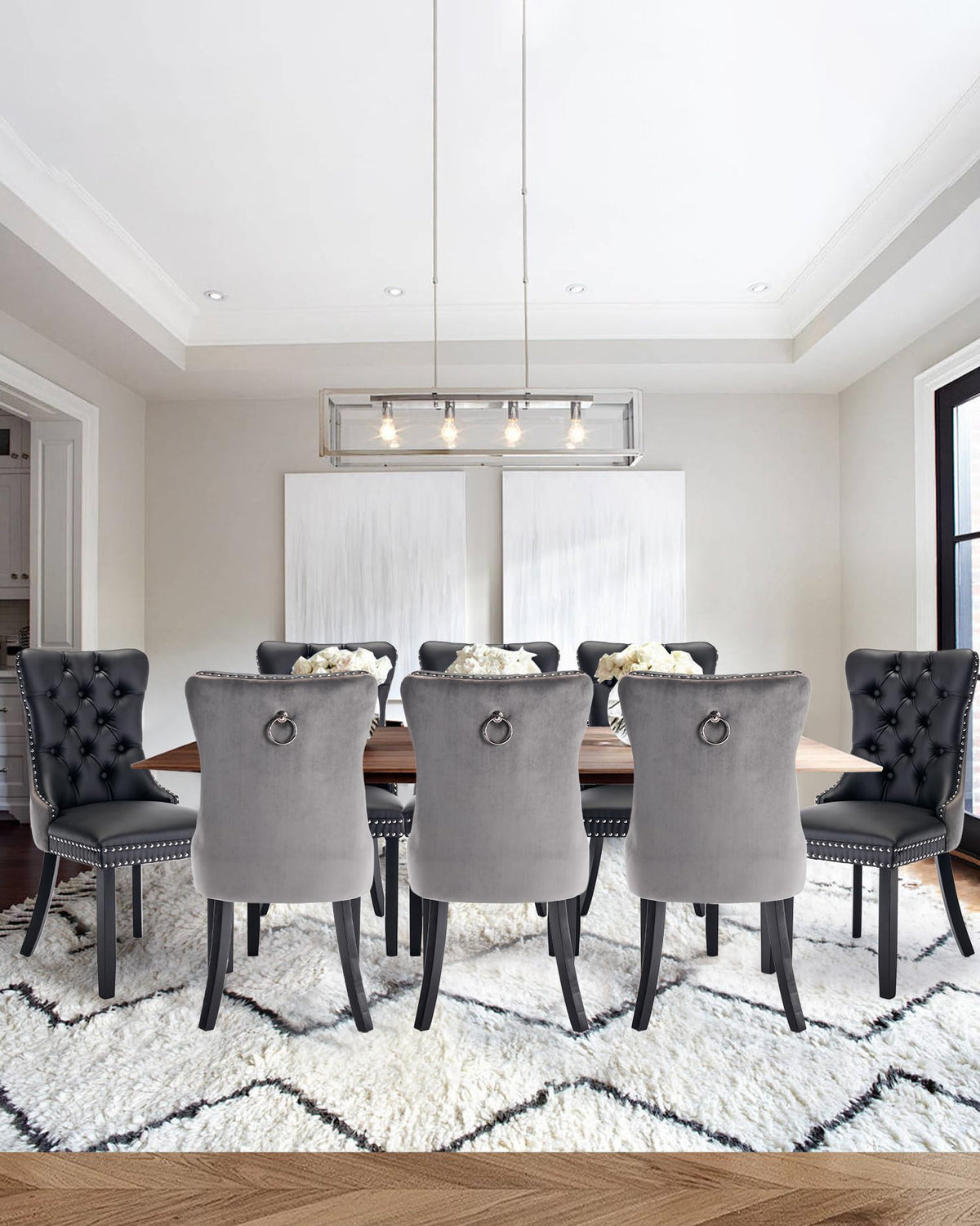 Vicbarley Leather Dining Chair Set Of 8 Upholstered Tufted Dining Room Chair With Nailhead Trim And Solid Wood Legs For Kitchen,