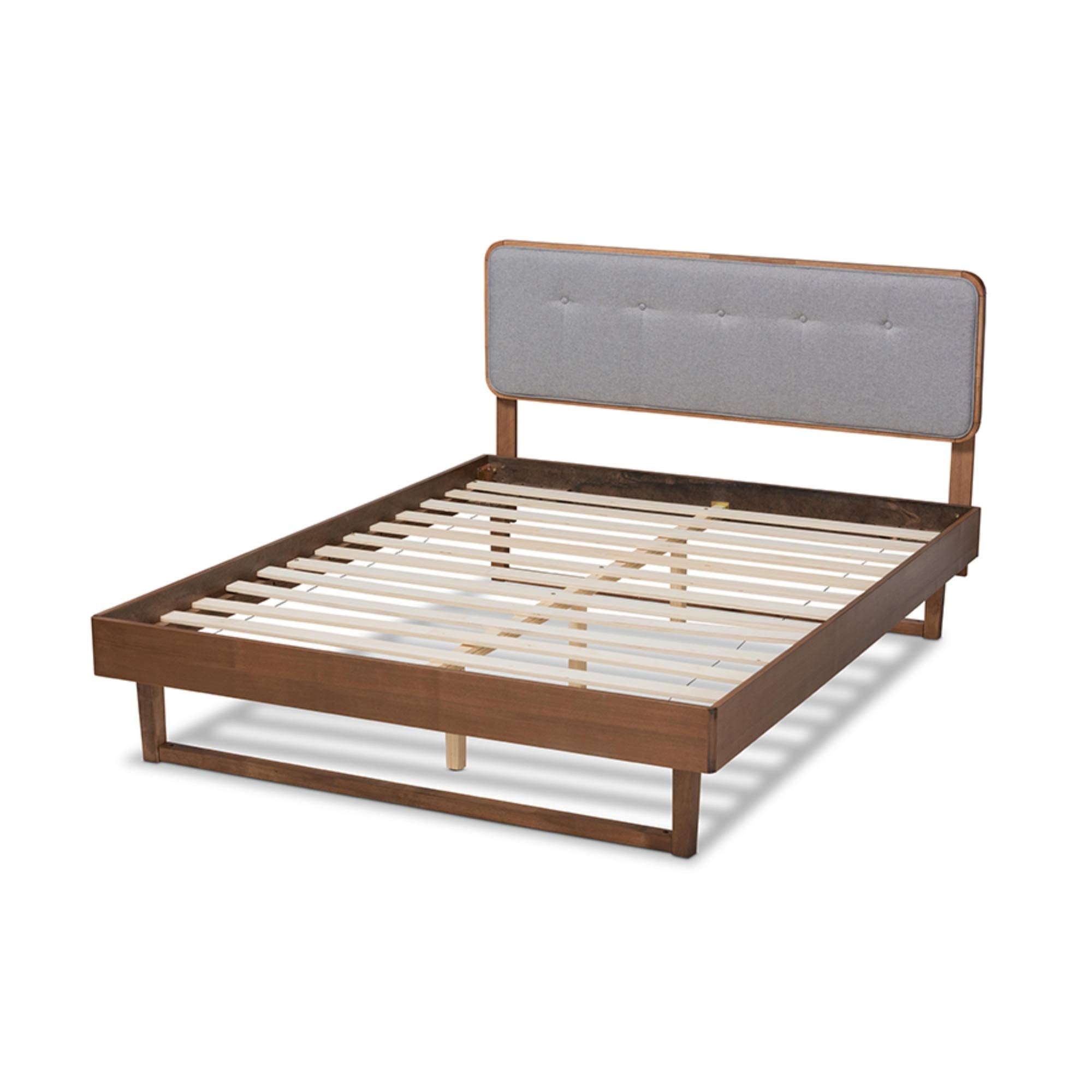 Baxton Studio Natalia Mid-Century Modern Light Grey Fabric Upholstered and Ash Walnut Finished Wood Queen Size Platform Bed