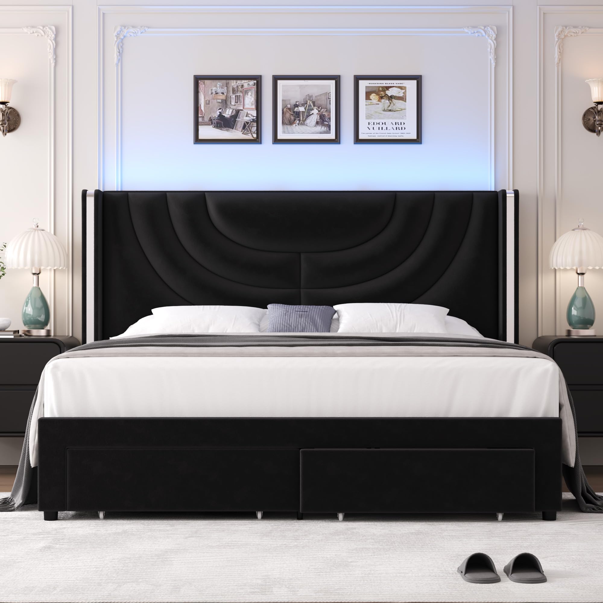 HITHOS Full Black Velvet Upholstered LED Bed Frame with 2 Storage Drawers & Wingback Headboard, No Box Spring Needed