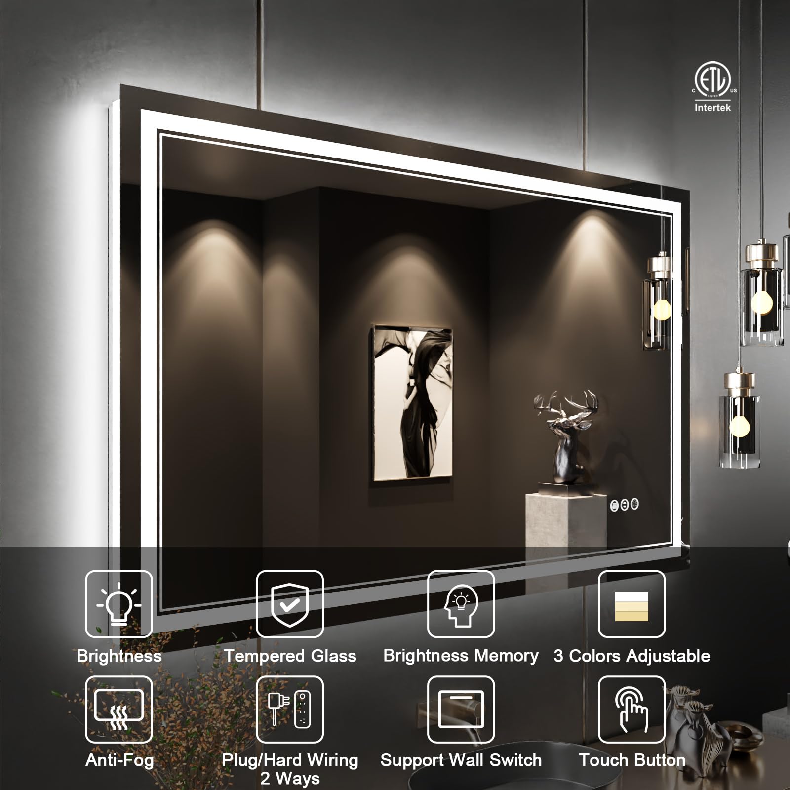 Istripmf 48 X 30 Inch Led Bathroom Mirror With Lights, Front And Backlit Anti-Fog Dimmable Memory Lighted Bathroom Vanity Mirror