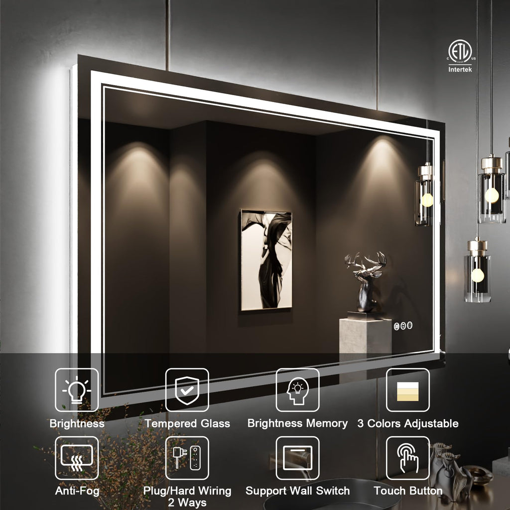 Istripmf 48 X 30 Inch Led Bathroom Mirror With Lights, Front And Backlit Anti-Fog Dimmable Memory Lighted Bathroom Vanity Mirror