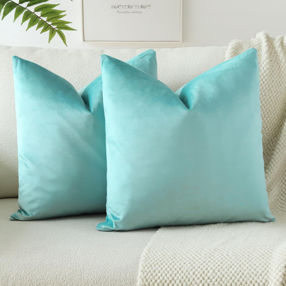 Otostar Decorative Throw Pillow Covers 16 X 16 Inch Soft Velvet Cushion Covers Solid Square Throw Pillow Cases For Couch Bed Home Sofa Car Decor Set Of 2 (Aqua Green)