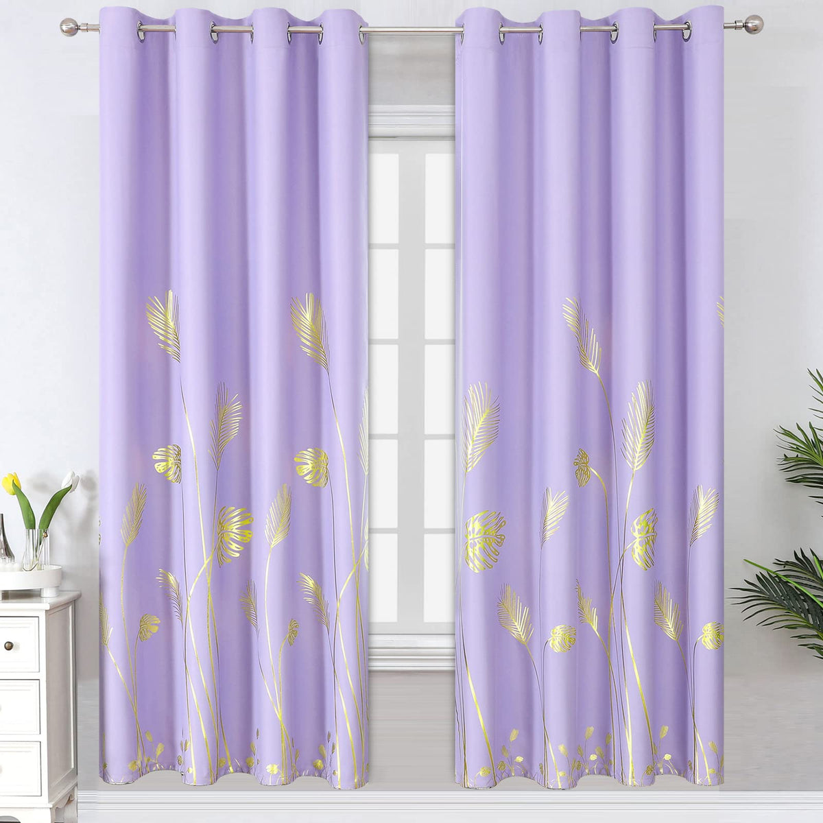 Estelar Textiler Lilac Blackout Curtains For Bedroom, Room Darkening Gold Palm Tree Pattern Curtains 72 Inches Long, Light Block
