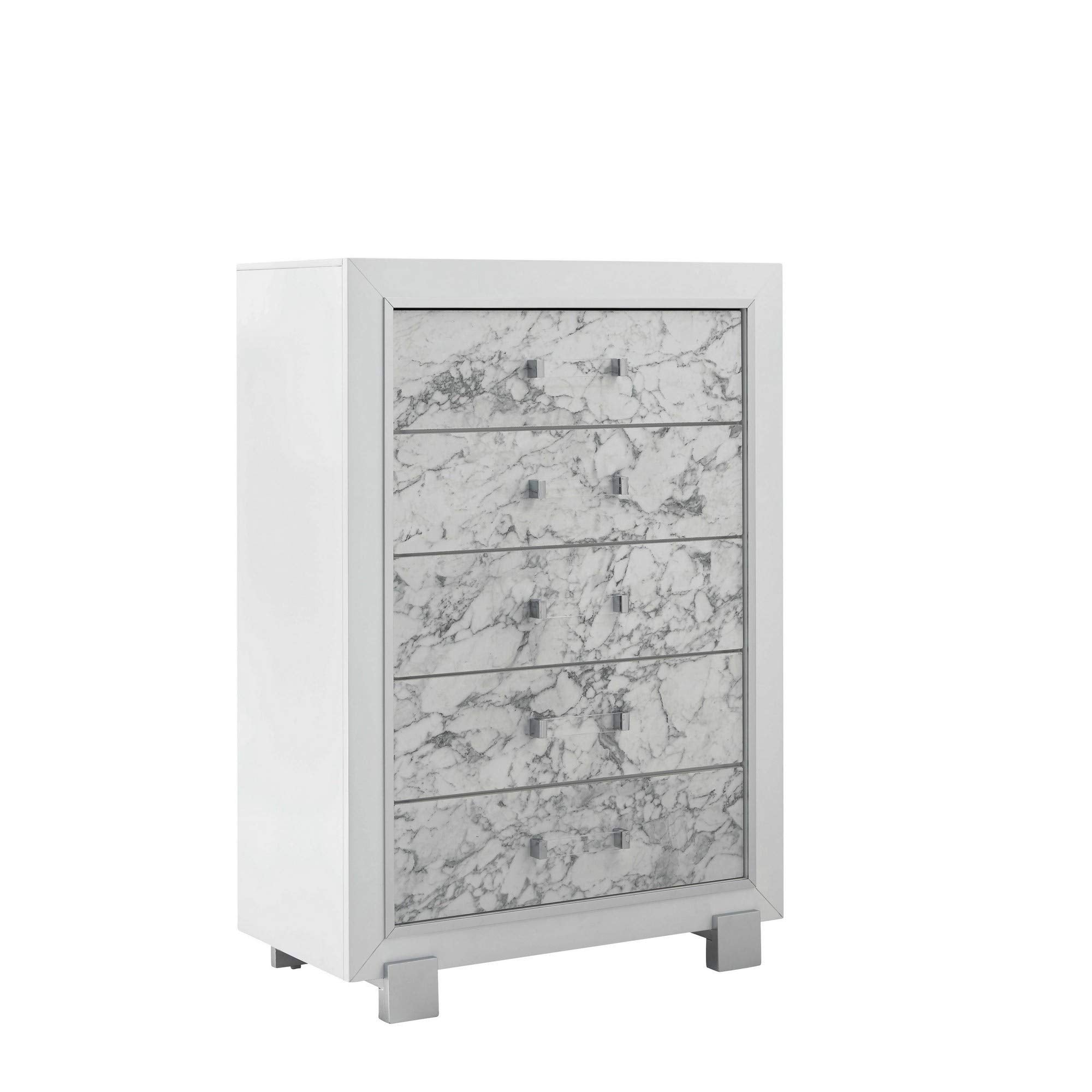 HomeRoots Modern White Chest with 5 Faux Marble Detailed Front Drawer.