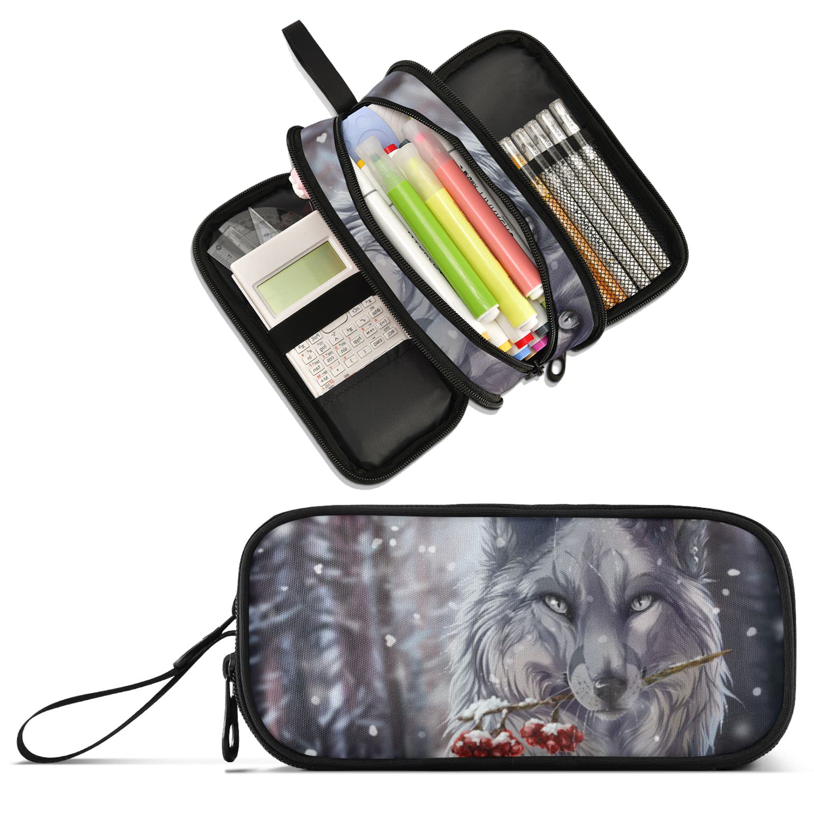 Xuwu Wolf Large Capacity Pencil Case 3 Compartment Pencil Pouch Office School Big Storage Pen Holder Organizer Stationery Bag Pe