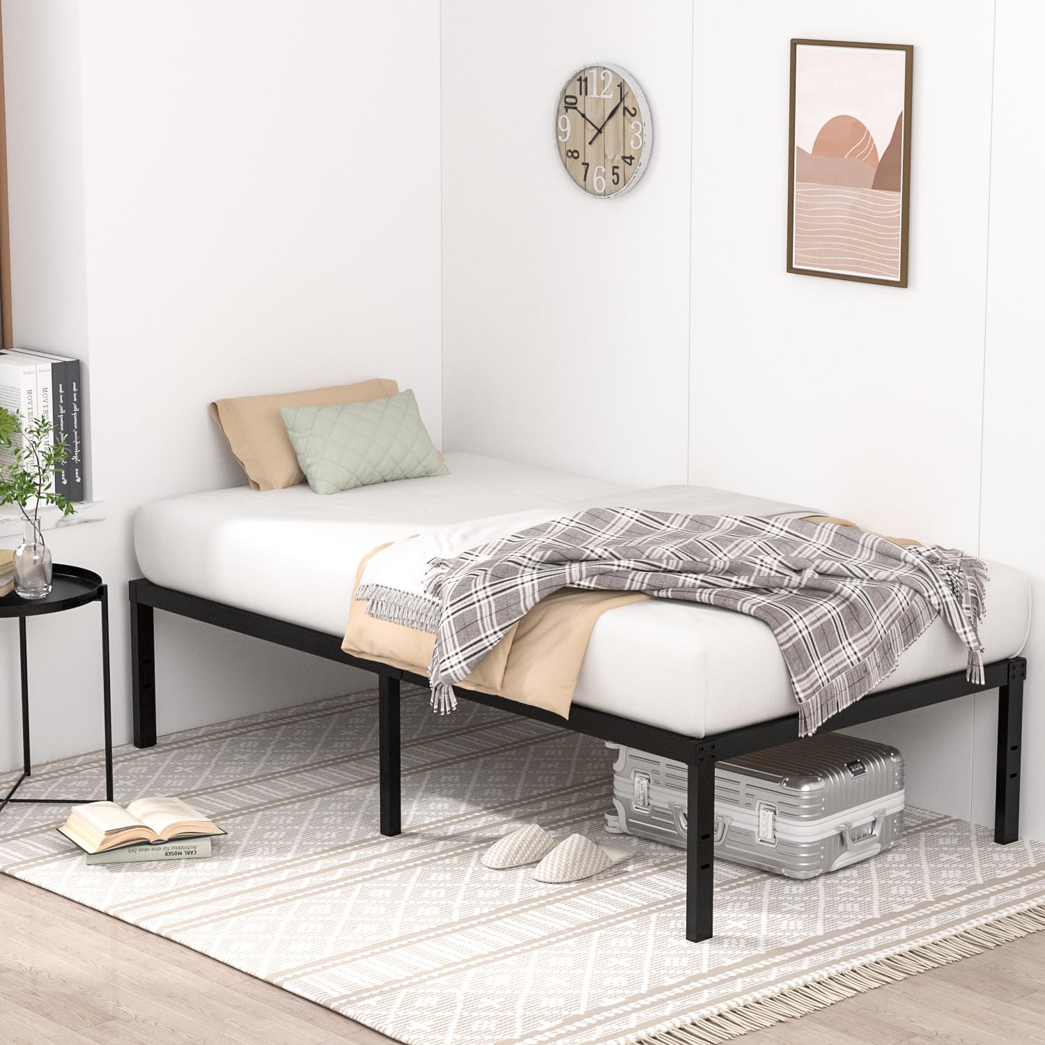 VENI HOME 16 Inch Twin Bed Frame, Metal Platform Bed Frame with Steel Slats, Storage Space Under Frame, Easy to Assemble, No Box
