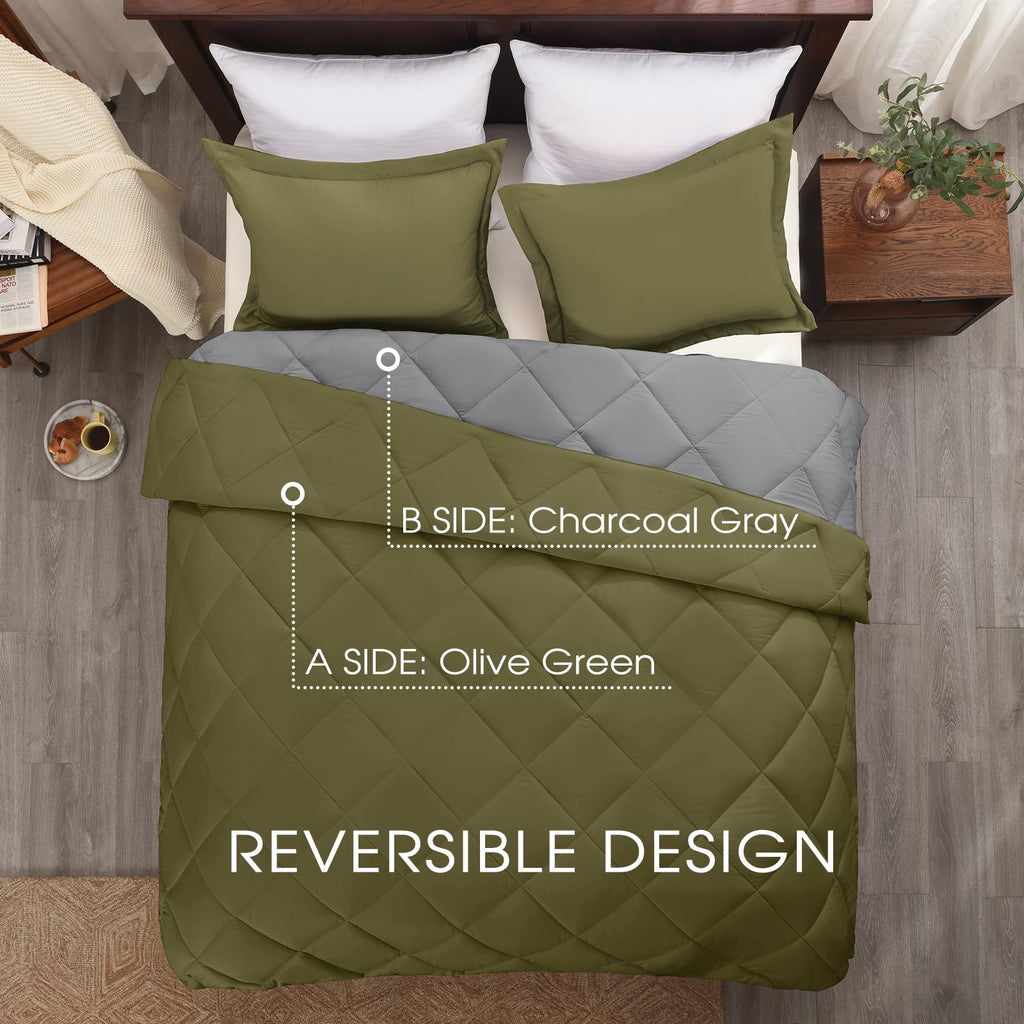 Basic Beyond Twin Comforter Set - Olive Green Comforter Set Twin, Reversible Twin Bed Comforter Set For All Seasons, Olive Green/Charcoal Gray, 1 Comforter (66'X92') And 1 Pillow Sham (20'X26'+2')
