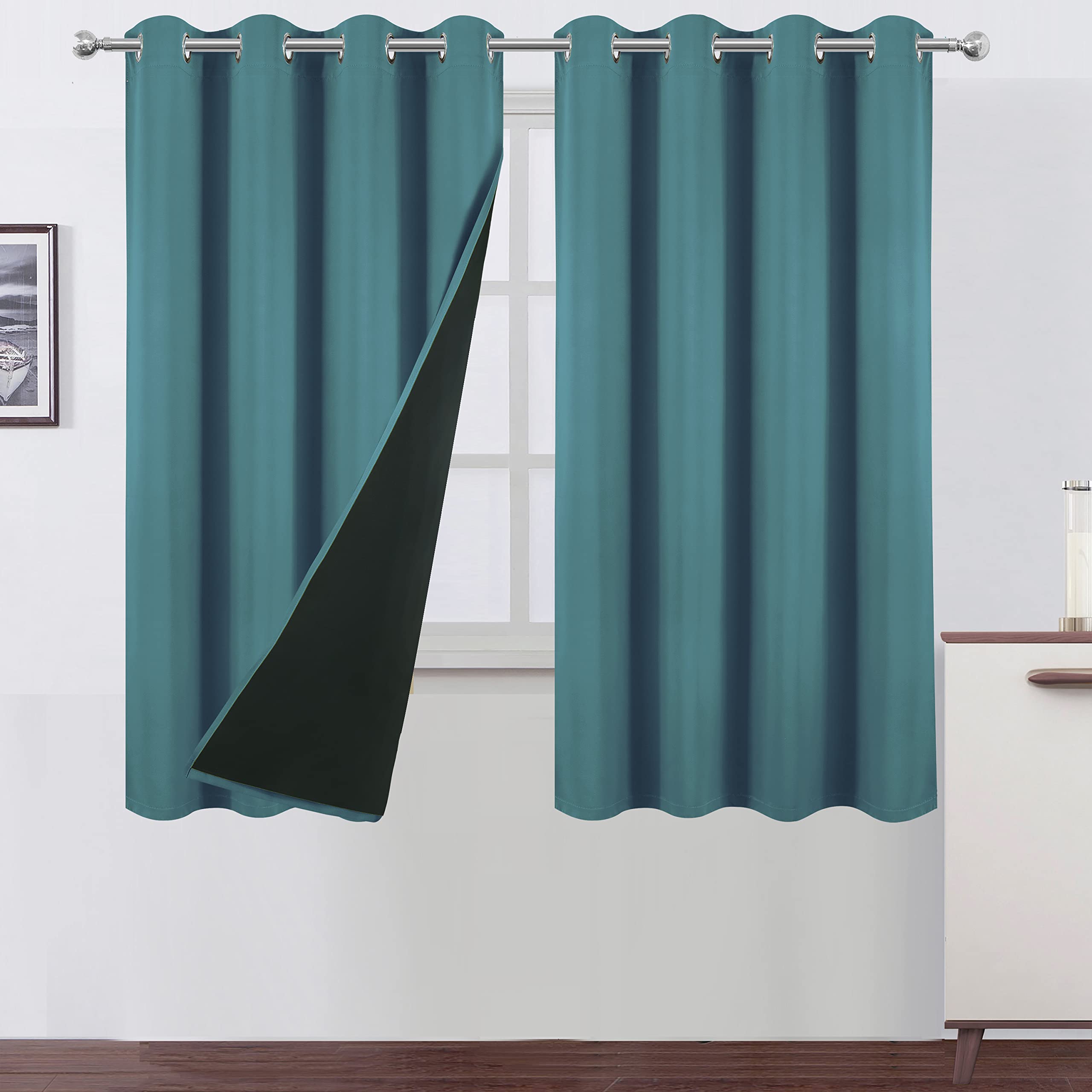 LEMOMO 100% Blackout Curtains 52 x 63 Inch/Sea Teal Curtains 2 Panels with Black Lining Room Darkening Thermal Insulated Bedroom