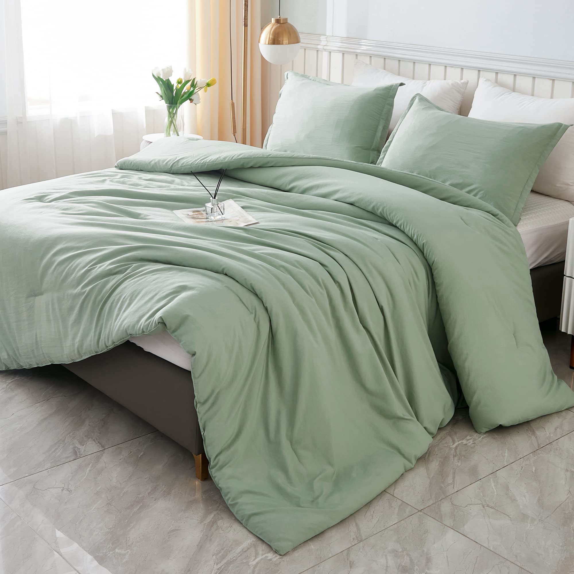 Litanika Comforter Full Size Set Sage Green, 3 Pieces Lightweight Bed Comforter Full, Solid Bedding Comforters Sets, Soft All Se