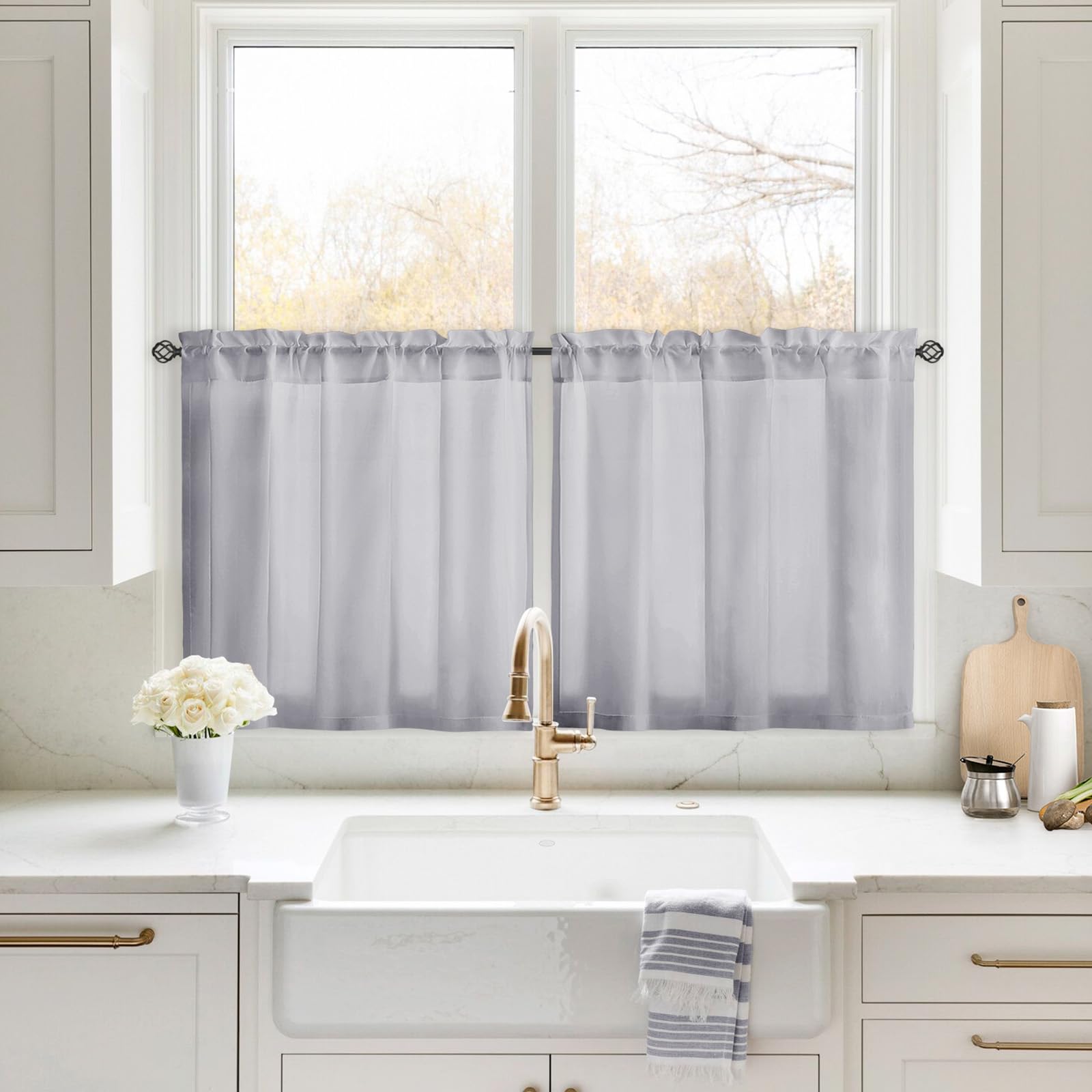 Homeideas Non-See-Through Light Grey Privacy Sheer Kitchen Curtains 30 X 24 Inches Long 2 Panels Sheer Curtains Light Filtering Bathroom Window Curtains Drapes For Bedroom Living Room
