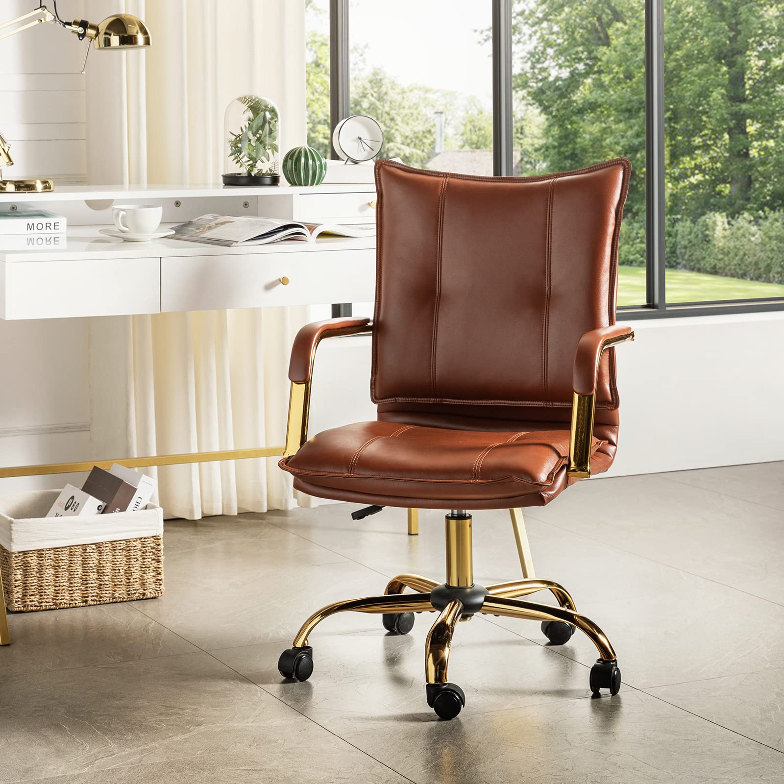 Hulala Home Faux Leather Home Office Desk Chair, Adjustable Swivel Computer Chair With Golden Legs And Arms, Comfy Upholstered Task Chair, Brown
