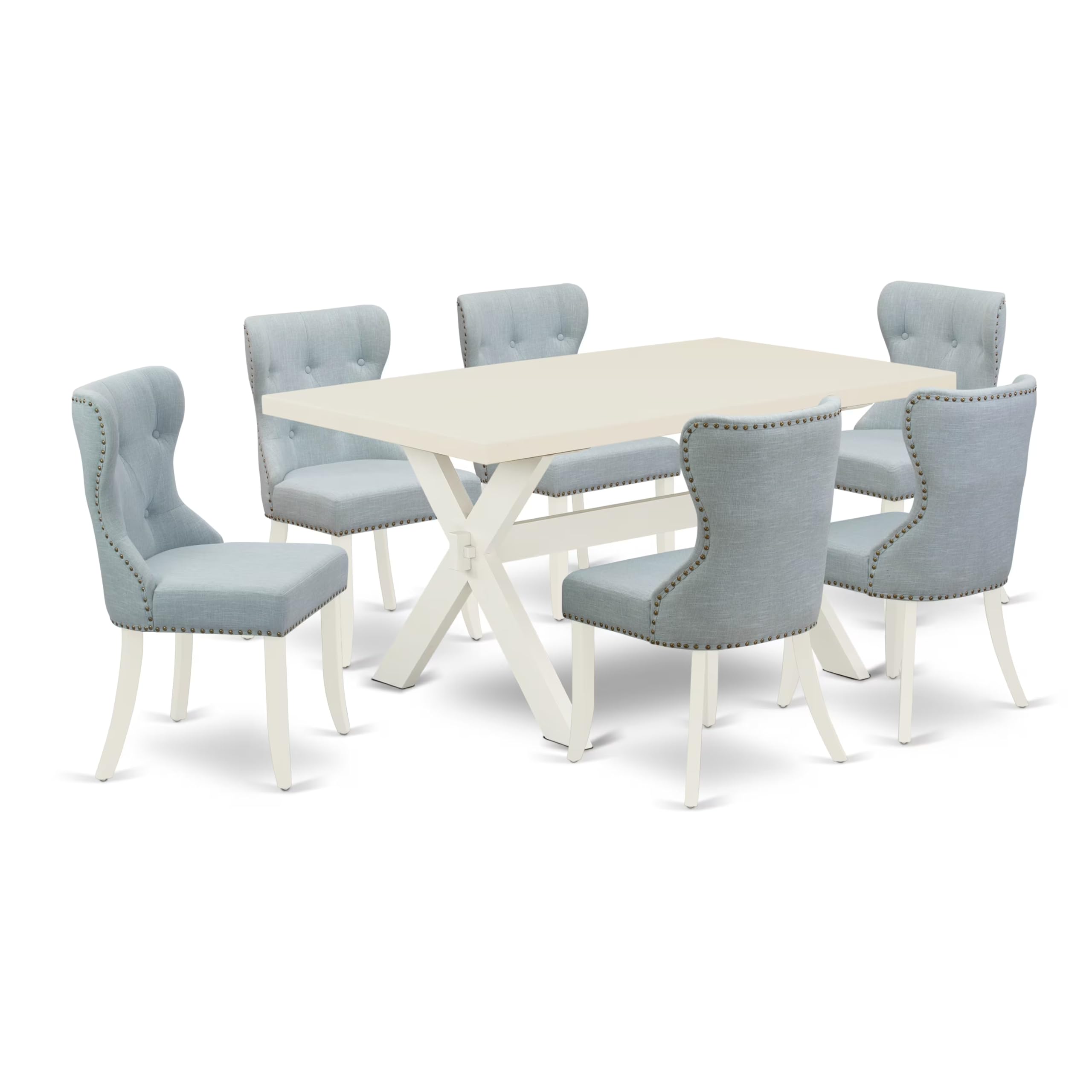 East West Furniture X026Si215-7 7 Piece Dinette Set Consist Of A Rectangle Dining Table With X-Legs And 6 Baby Blue Linen Fabric Parson Dining Room Chairs, 36X60 Inch, Multi-Color