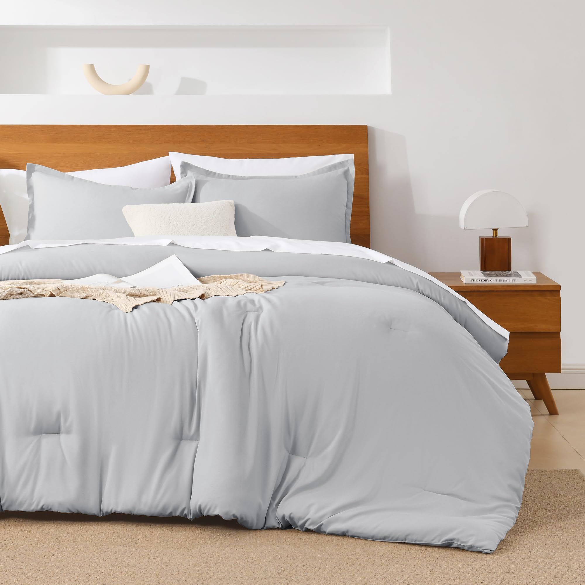 Andency Light Grey California King Comforter Set - 7 Pieces Gray Cal King Bedding Comforter Sets, Summer Plain Soft Lightweight Comforter With Fitted Sheets, Flat Sheets, Pillowcases & Shams