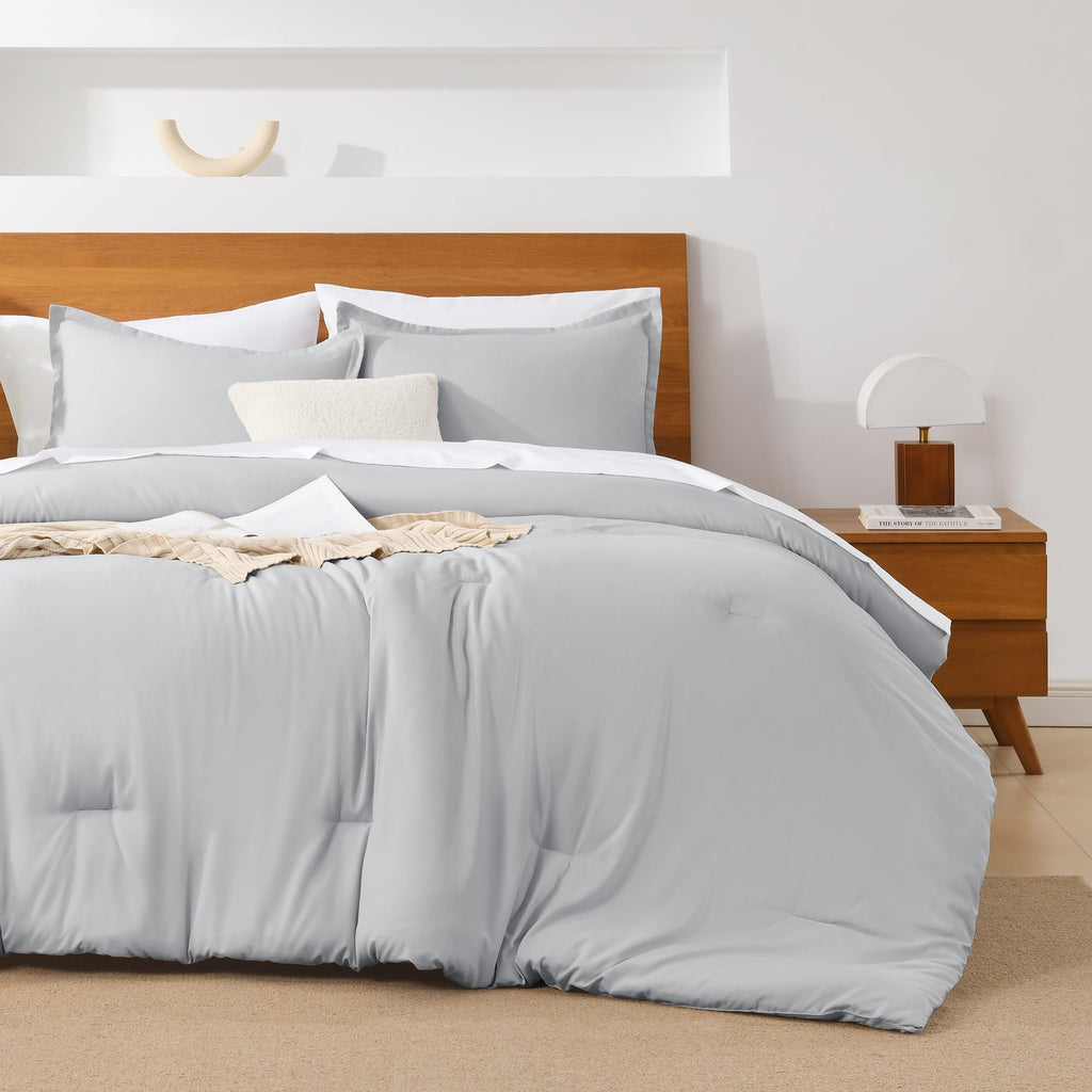 Andency Light Grey California King Comforter Set - 7 Pieces Gray Cal King Bedding Comforter Sets, Summer Plain Soft Lightweight Comforter With Fitted Sheets, Flat Sheets, Pillowcases & Shams