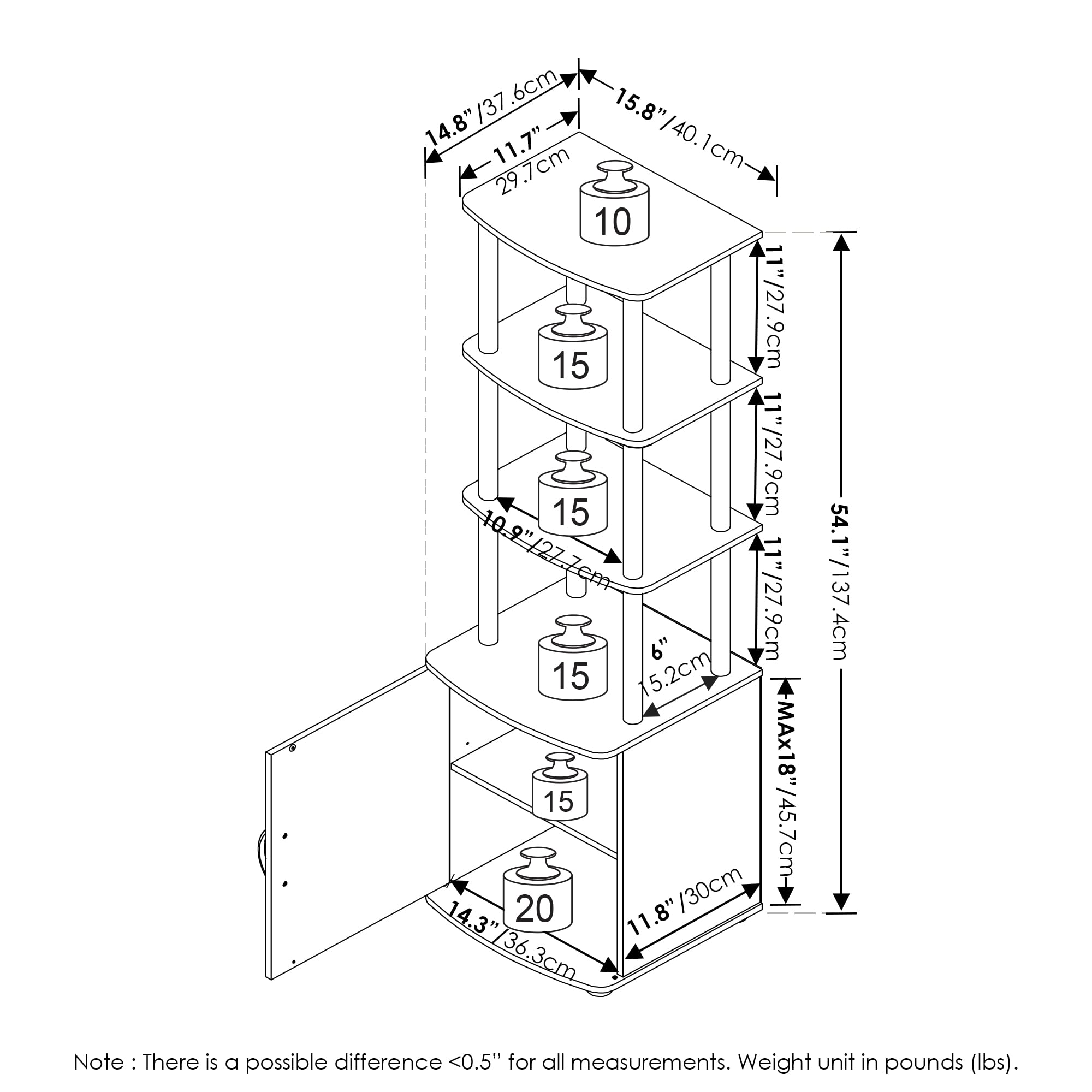 Furinno Turn-N-Tube Tall TV Entertainment Side Table Display Rack with Storage Cabinet, 3-Tier, Blackwood/Black